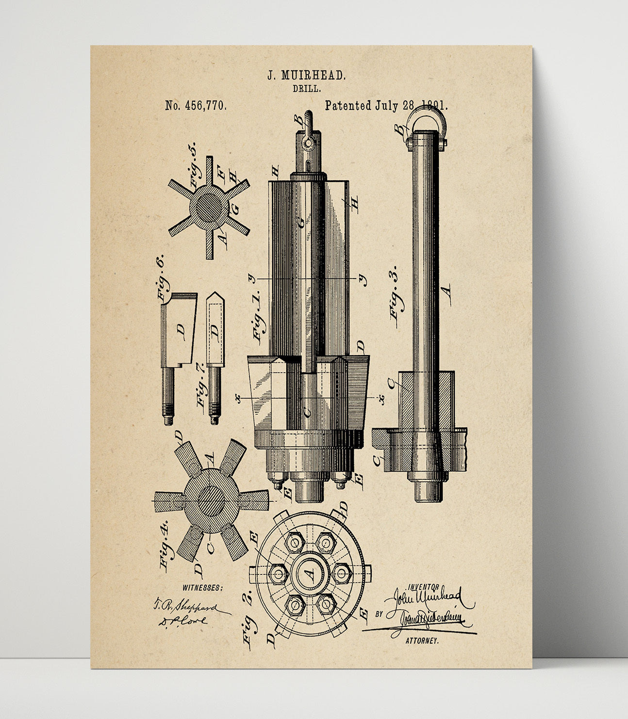 Patent Print - Drill - J. Muirhead - 1891 - Patent 456770 Patent Wall Art