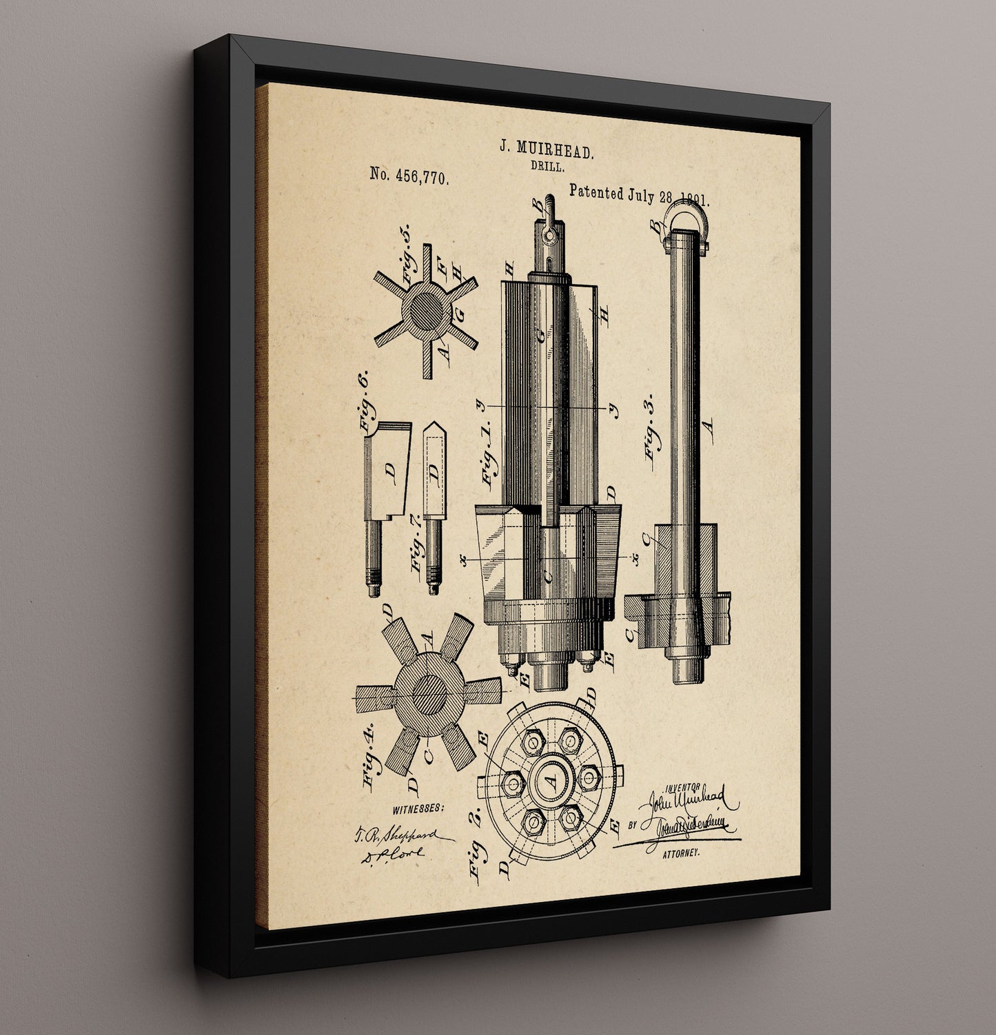 Patent Print - Drill - J. Muirhead - 1891 - Patent 456770 Patent Wall Art