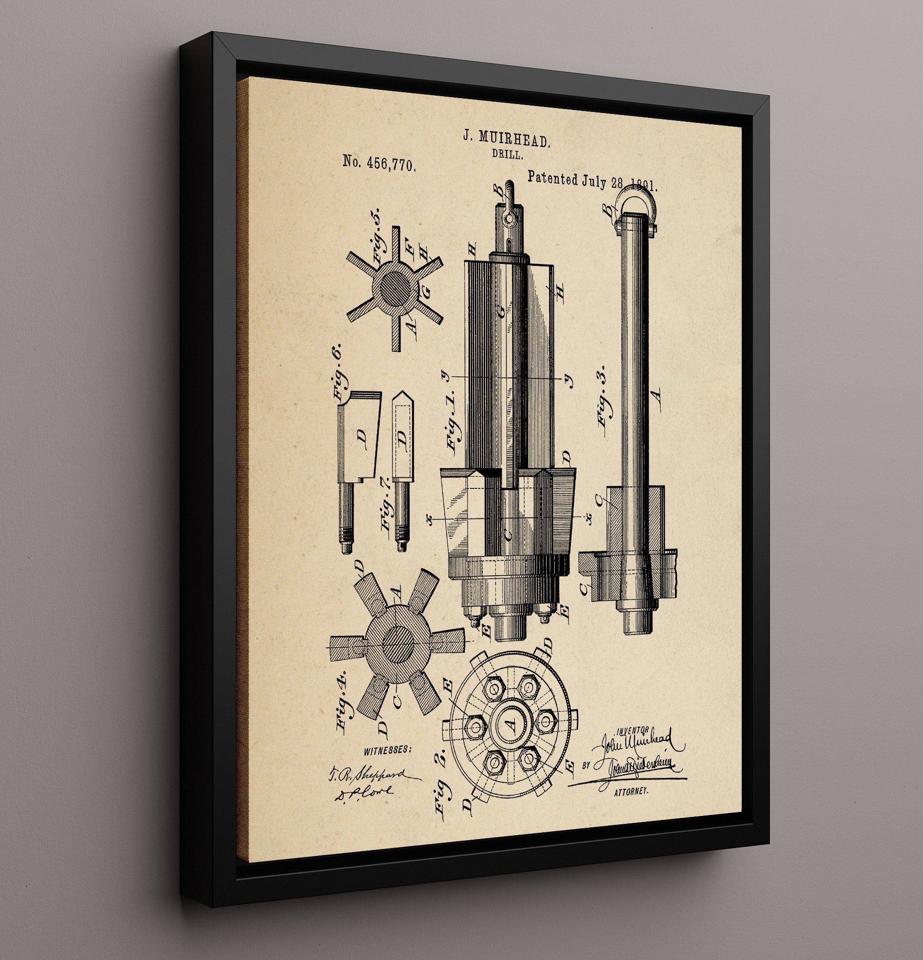 Patent Print - Drill - J. Muirhead - 1891 - Patent 456770 Patent Wall Art