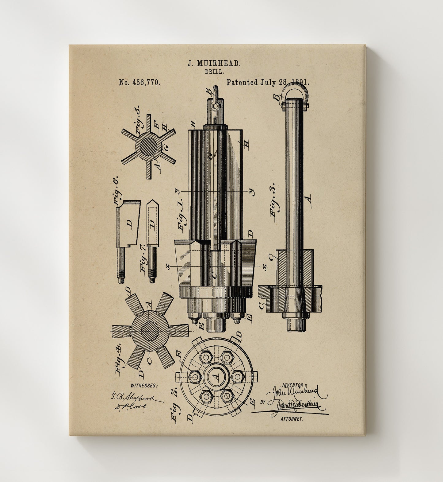 Patent Print - Drill - J. Muirhead - 1891 - Patent 456770 Patent Wall Art