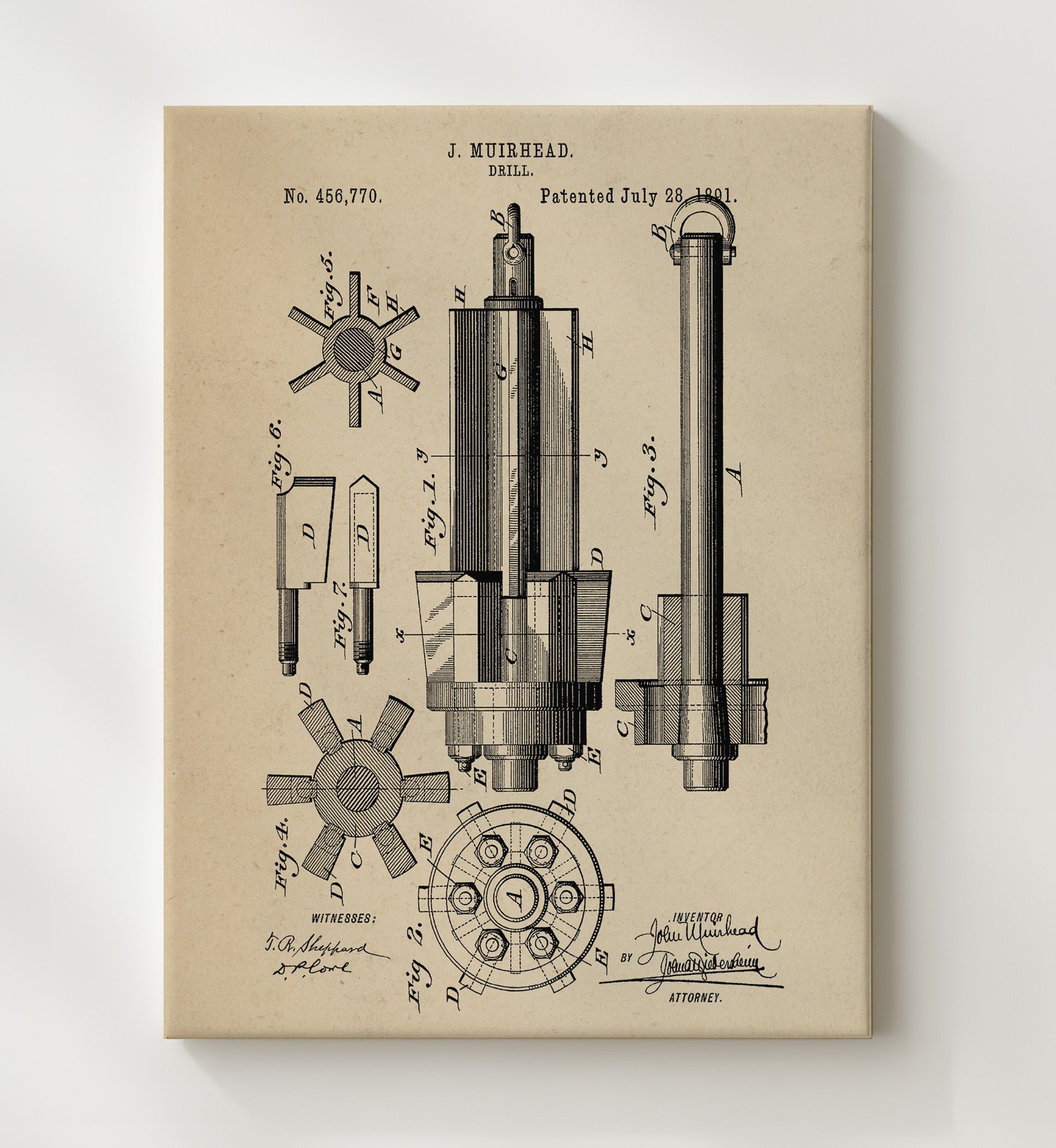 Patent Print - Drill - J. Muirhead - 1891 - Patent 456770 Patent Wall Art