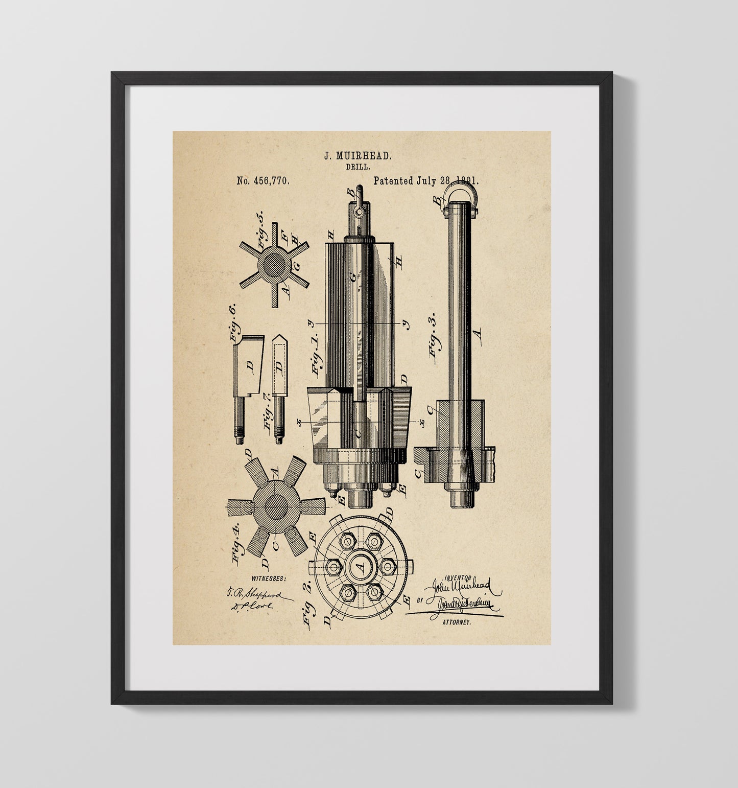 Patent Print - Drill - J. Muirhead - 1891 - Patent 456770 Patent Wall Art