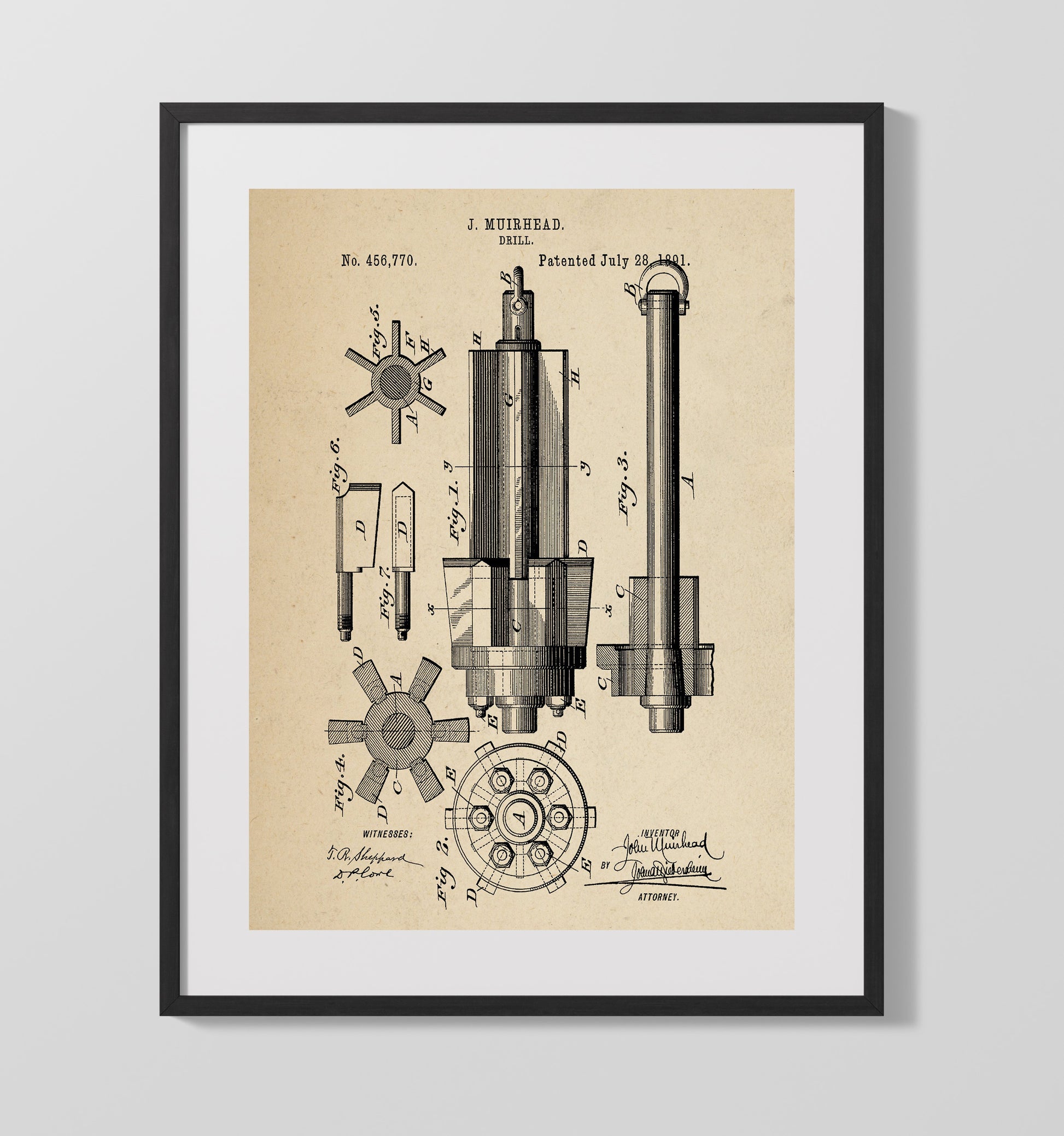 Patent Print - Drill - J. Muirhead - 1891 - Patent 456770 Patent Wall Art
