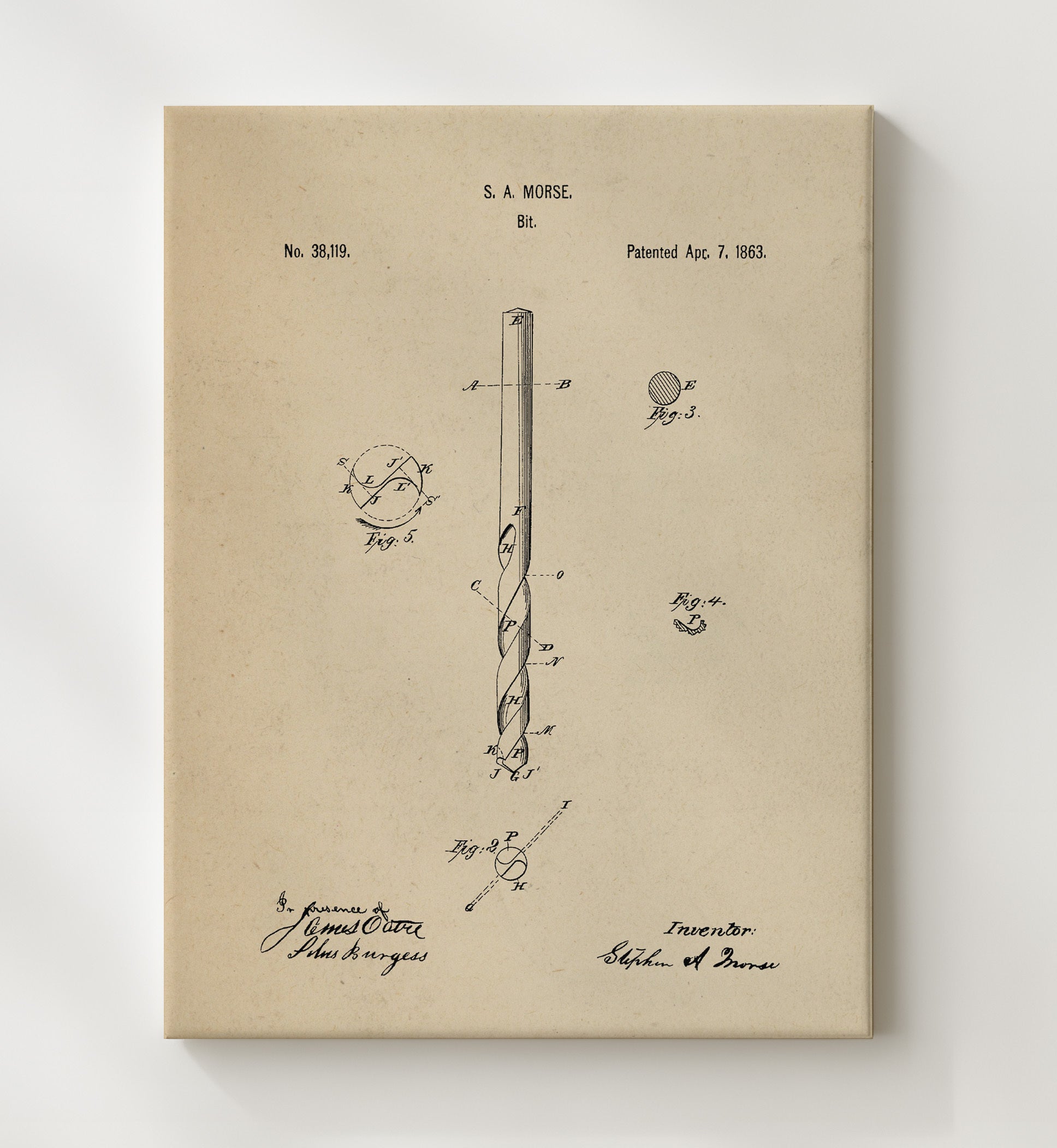 Patent Print - Drill Bit - Stephen A. Morse - 1863 - Patent 38119 Patent Wall Art