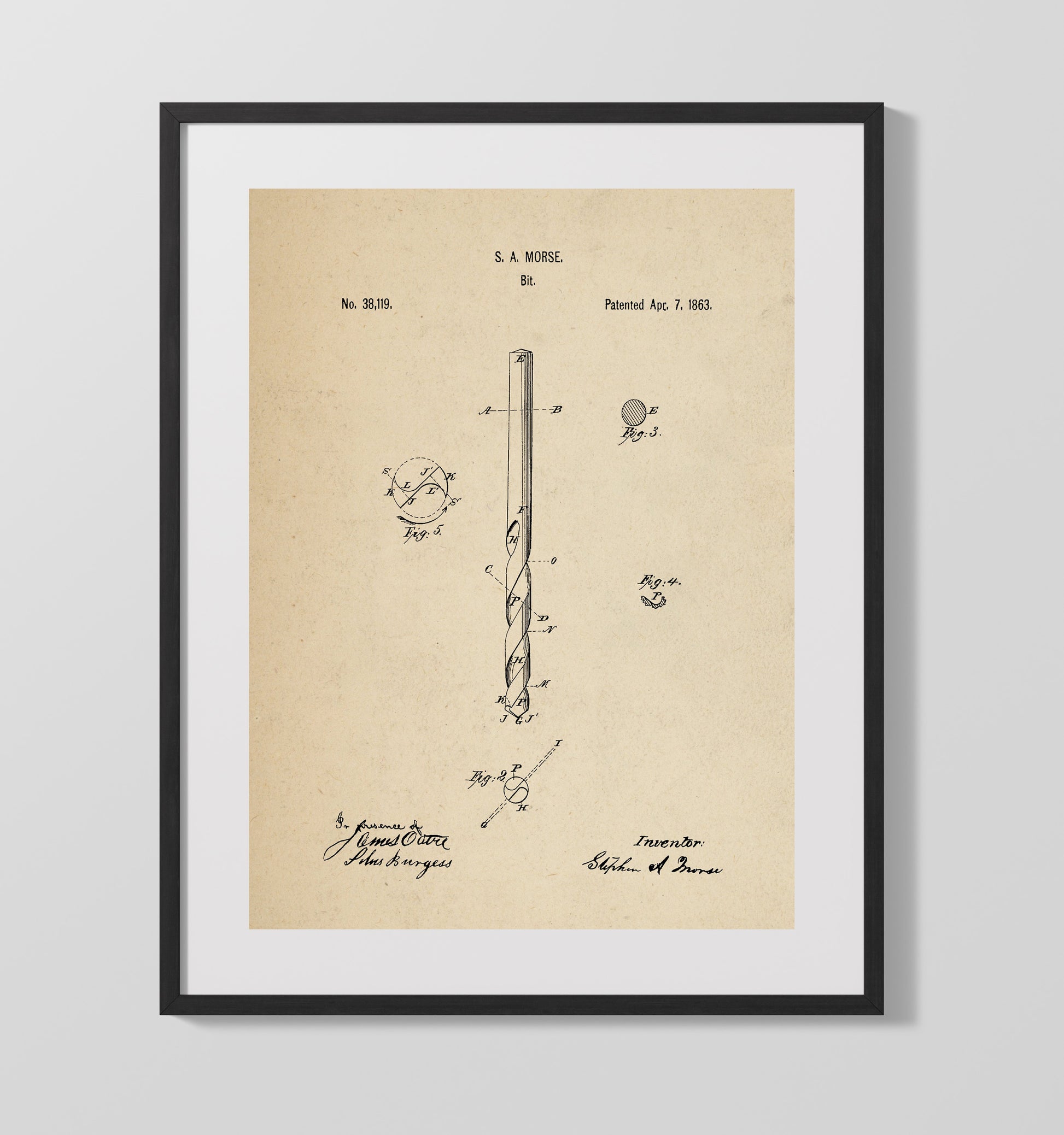 Patent Print - Drill Bit - Stephen A. Morse - 1863 - Patent 38119 Patent Wall Art