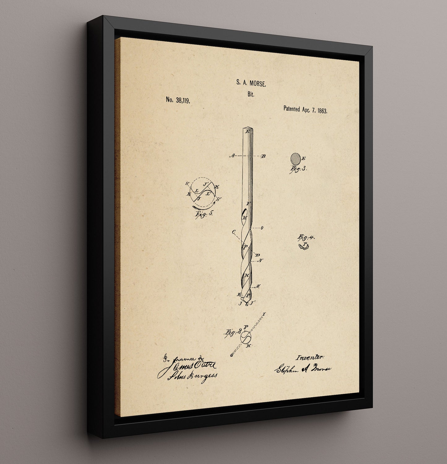 Patent Print - Drill Bit - Stephen A. Morse - 1863 - Patent 38119 Patent Wall Art
