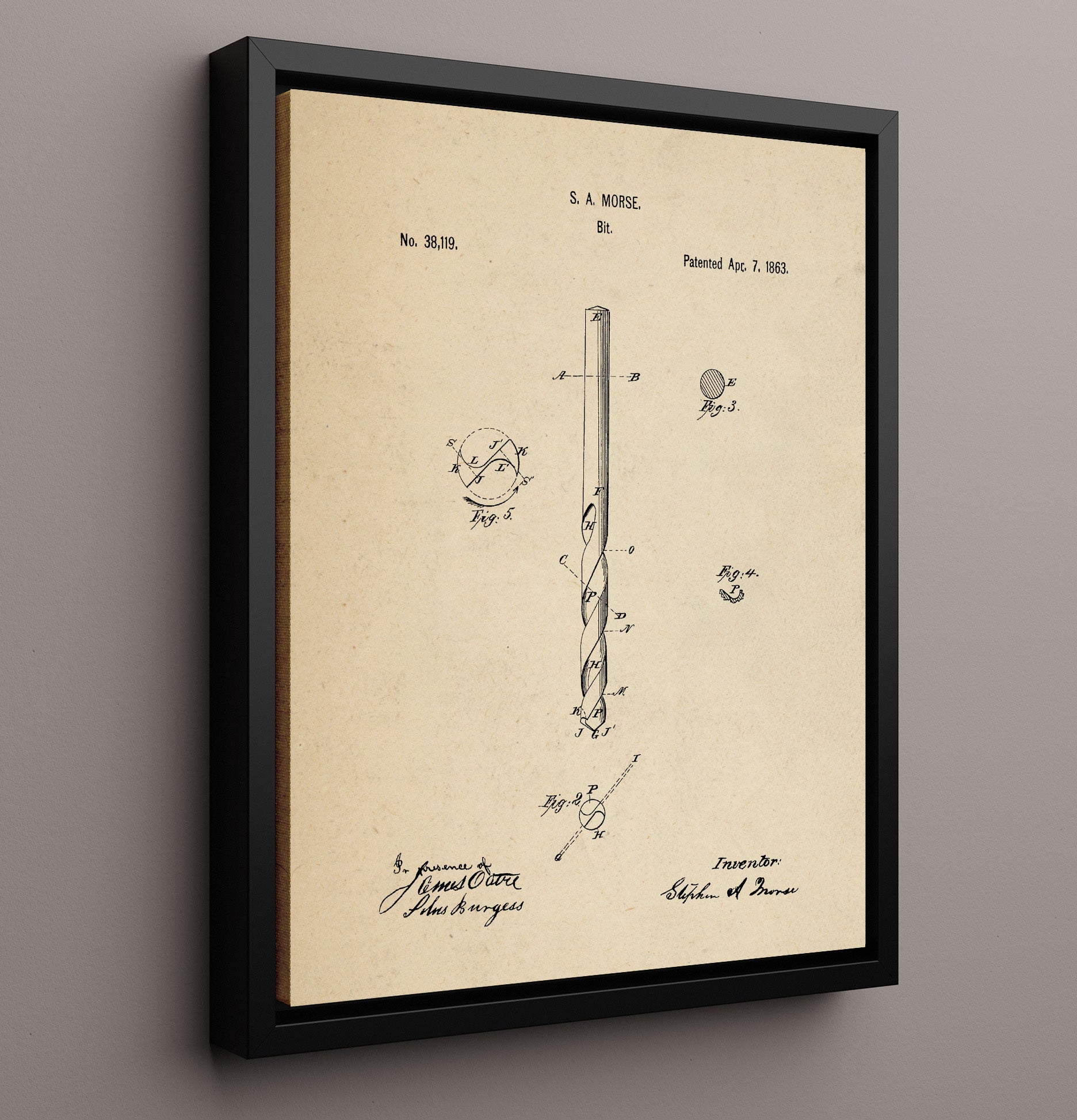 Patent Print - Drill Bit - Stephen A. Morse - 1863 - Patent 38119 Patent Wall Art