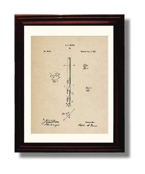 Patent Print - Drill Bit - Stephen A. Morse - 1863 - Patent 38119 Patent Wall Art