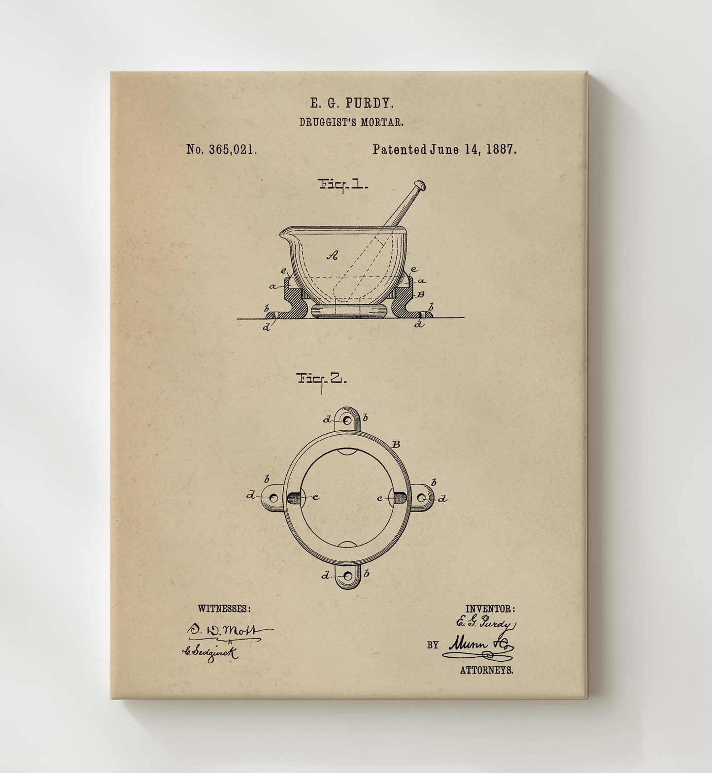 Patent Print - Druggists Mortar - E. G. Purdy - 1887 - Patent 365021 Patent Wall Art