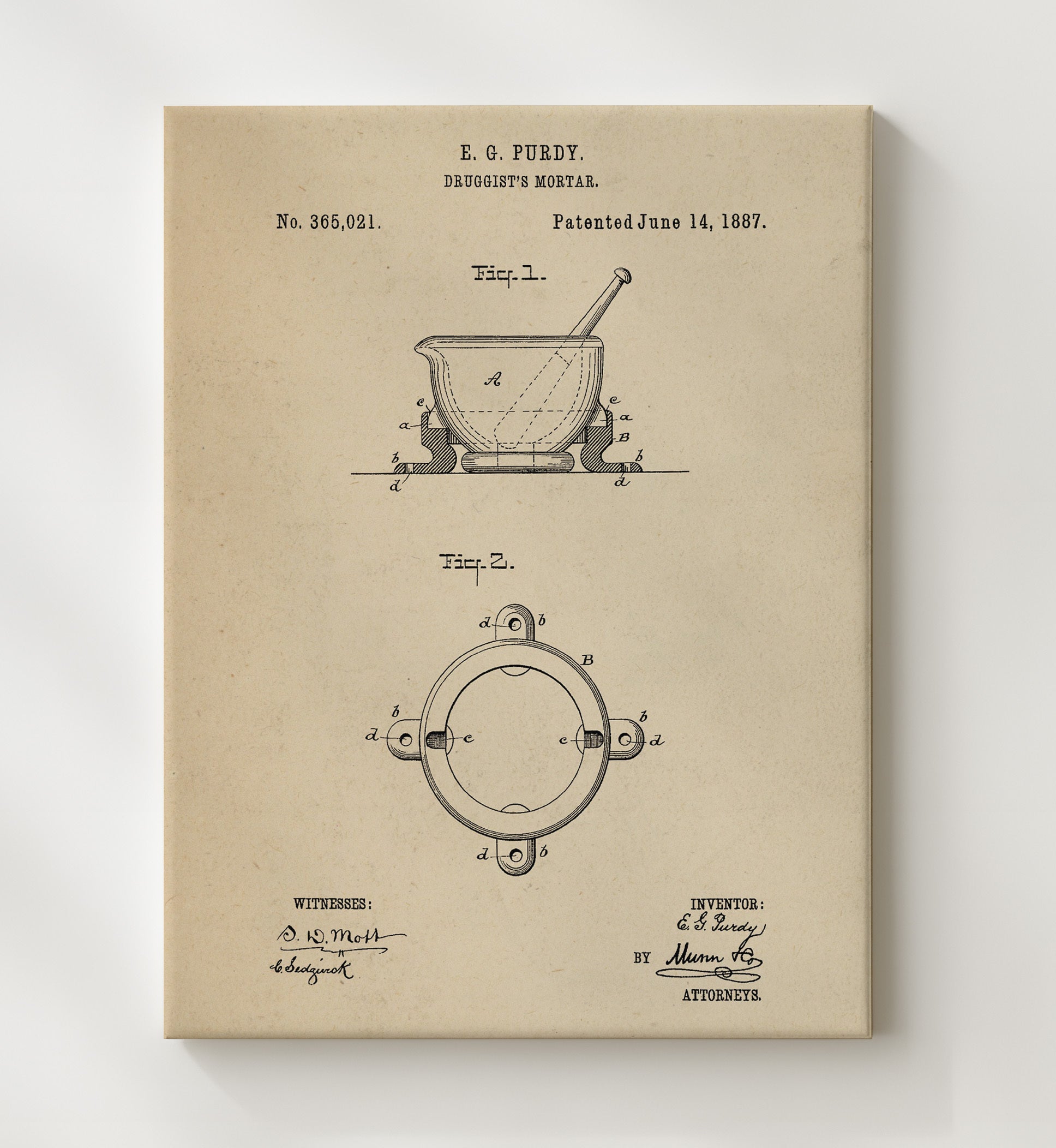 Patent Print - Druggists Mortar - E. G. Purdy - 1887 - Patent 365021 Patent Wall Art