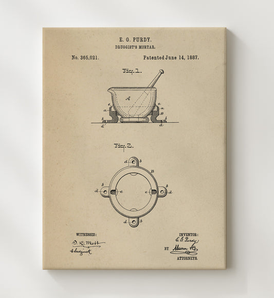 Druggists Mortar 1887 patent print wall art 8x10 Canvas