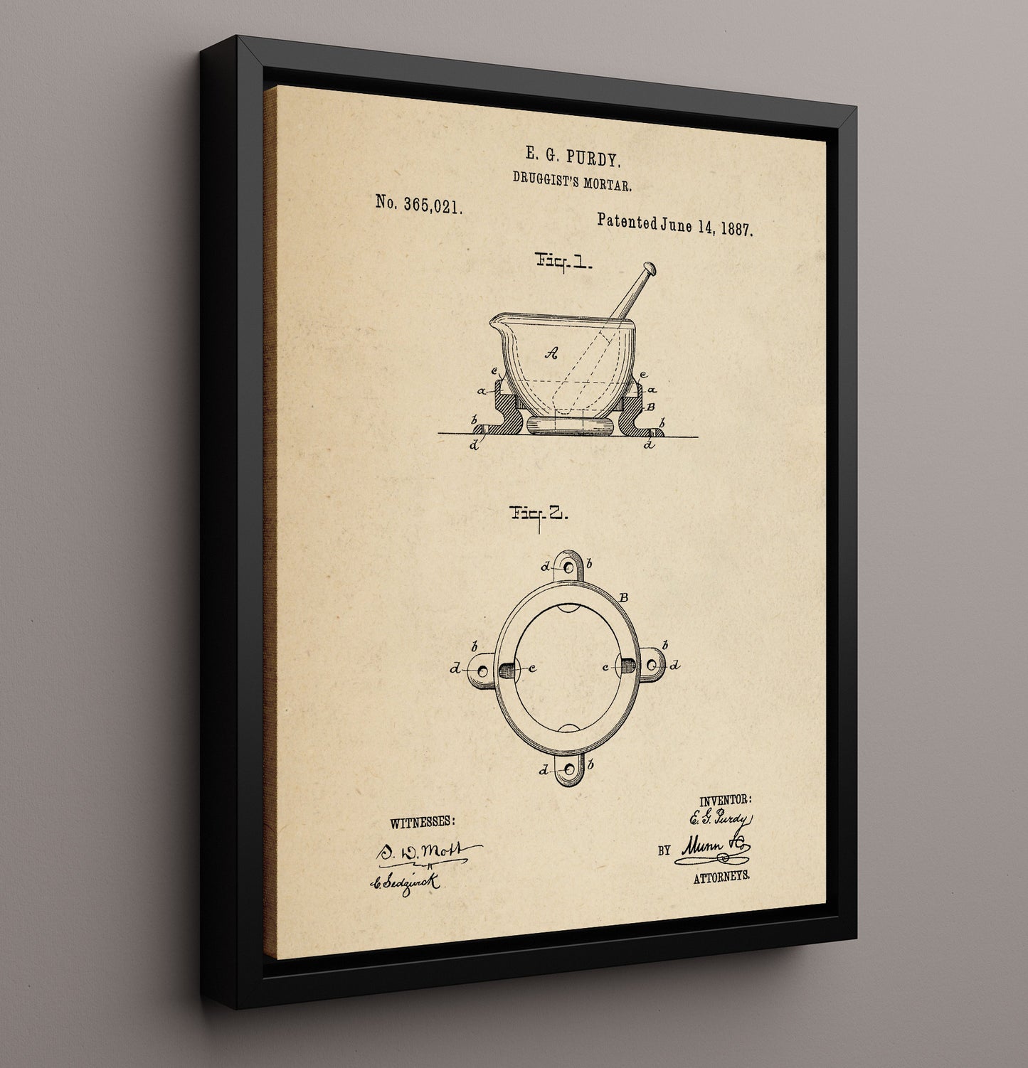 Patent Print - Druggists Mortar - E. G. Purdy - 1887 - Patent 365021 Patent Wall Art