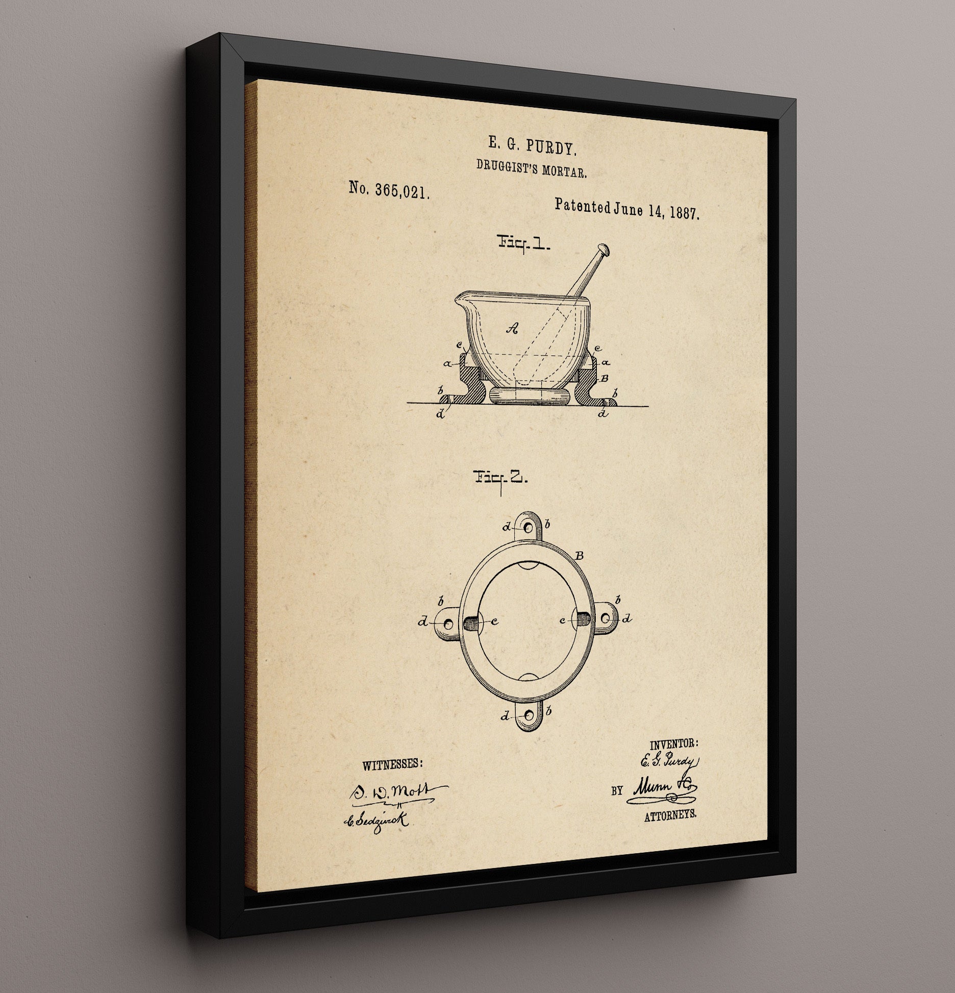 Patent Print - Druggists Mortar - E. G. Purdy - 1887 - Patent 365021 Patent Wall Art