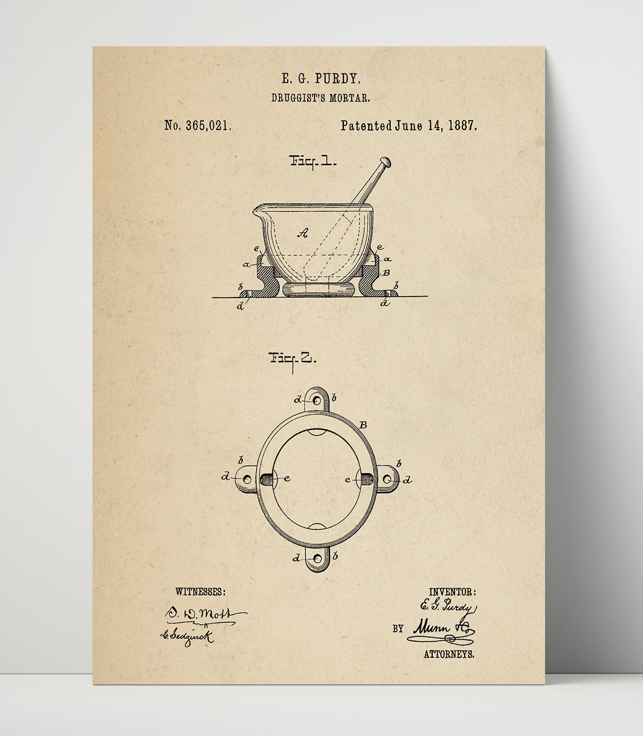 Patent Print - Druggists Mortar - E. G. Purdy - 1887 - Patent 365021 Patent Wall Art