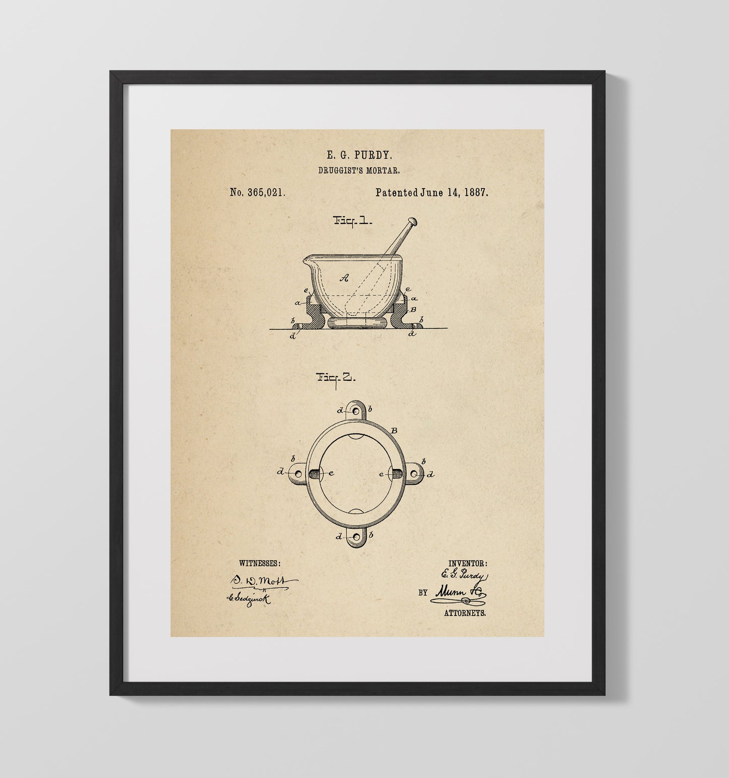 Patent Print - Druggists Mortar - E. G. Purdy - 1887 - Patent 365021 Patent Wall Art