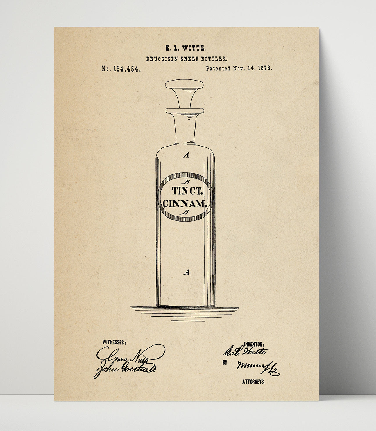 Patent Print - Druggists Shelf Bottles - E. L. Witte - 1876 - Patent 184454 Patent Wall Art