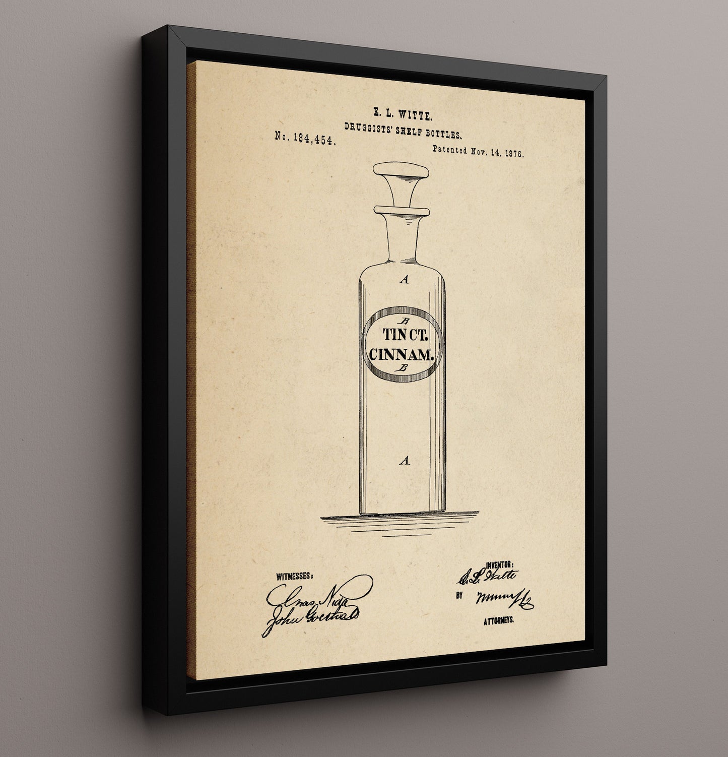 Patent Print - Druggists Shelf Bottles - E. L. Witte - 1876 - Patent 184454 Patent Wall Art