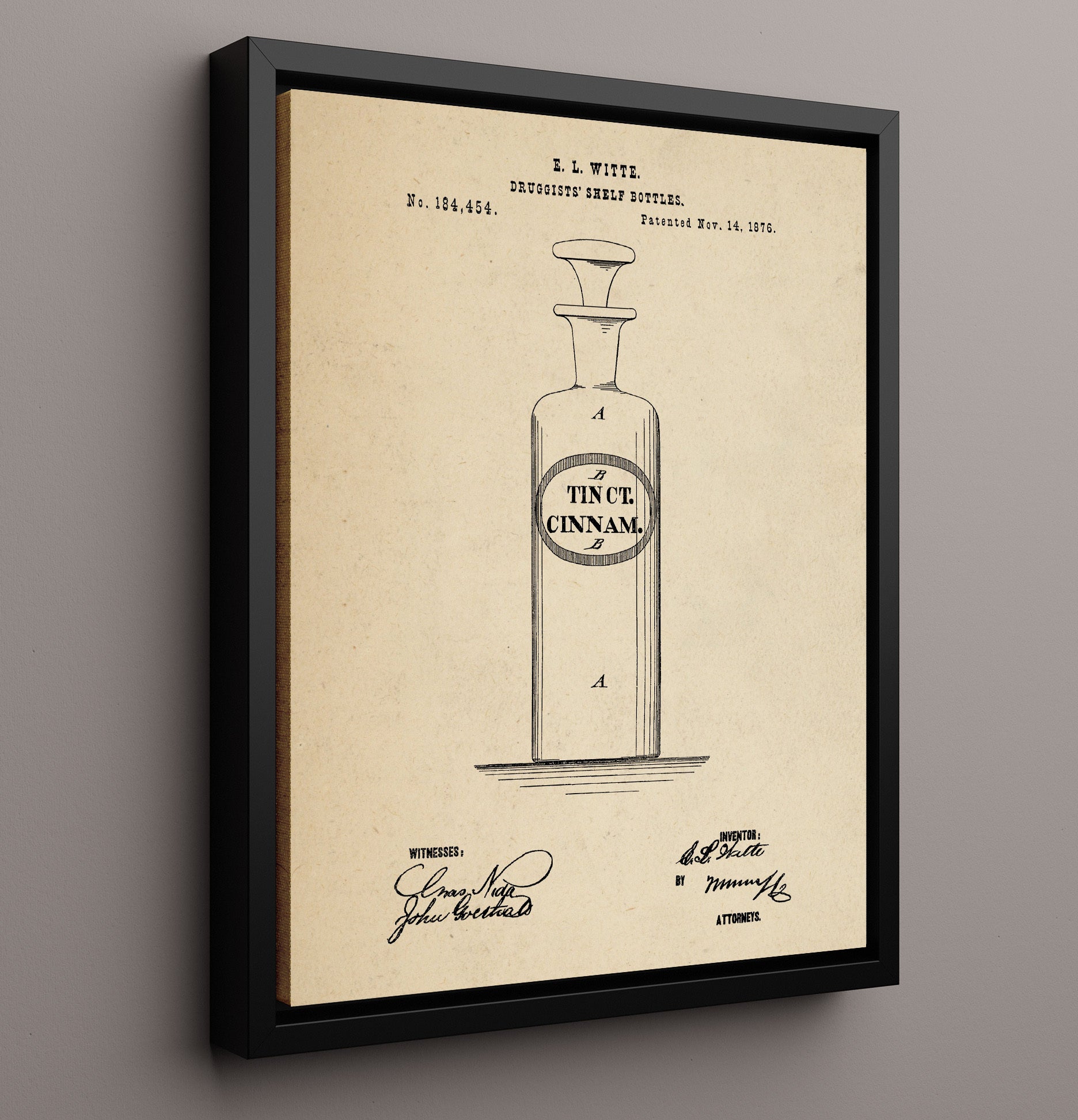 Patent Print - Druggists Shelf Bottles - E. L. Witte - 1876 - Patent 184454 Patent Wall Art