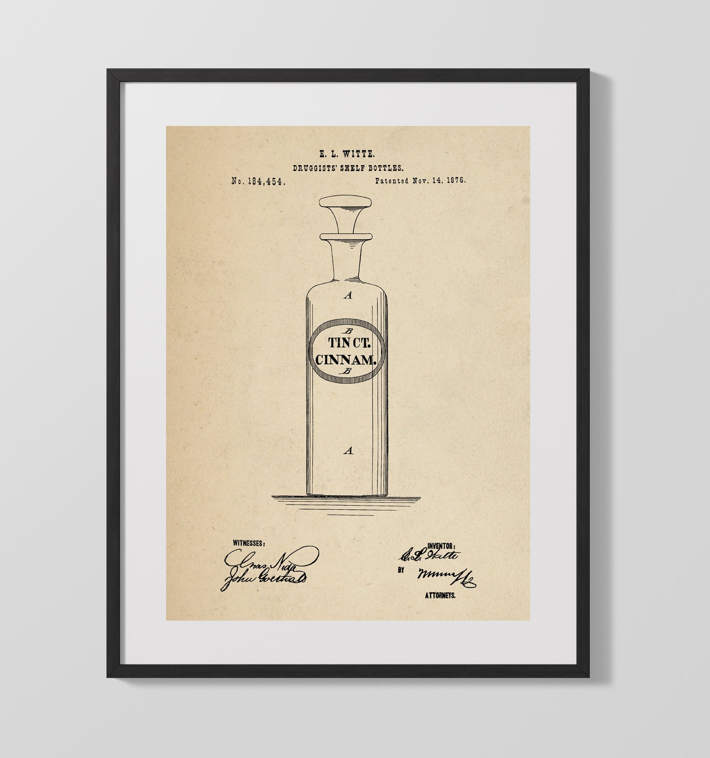 Patent Print - Druggists Shelf Bottles - E. L. Witte - 1876 - Patent 184454 Patent Wall Art