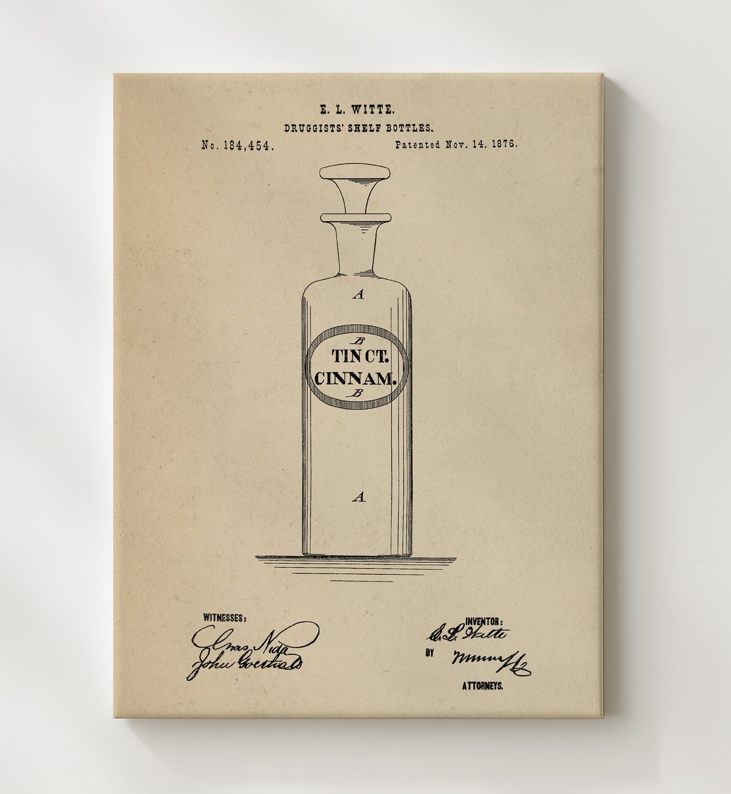 Patent Print - Druggists Shelf Bottles - E. L. Witte - 1876 - Patent 184454 Patent Wall Art