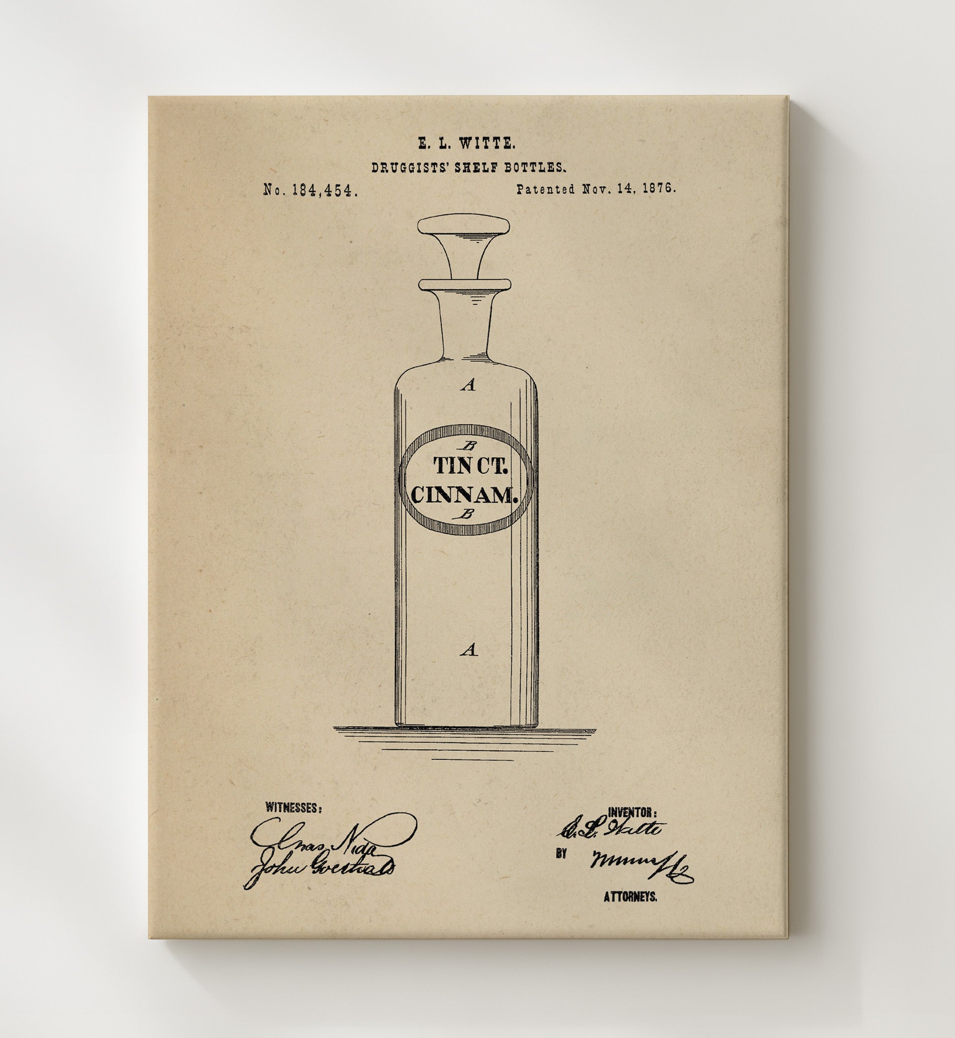 Patent Print - Druggists Shelf Bottles - E. L. Witte - 1876 - Patent 184454 Patent Wall Art