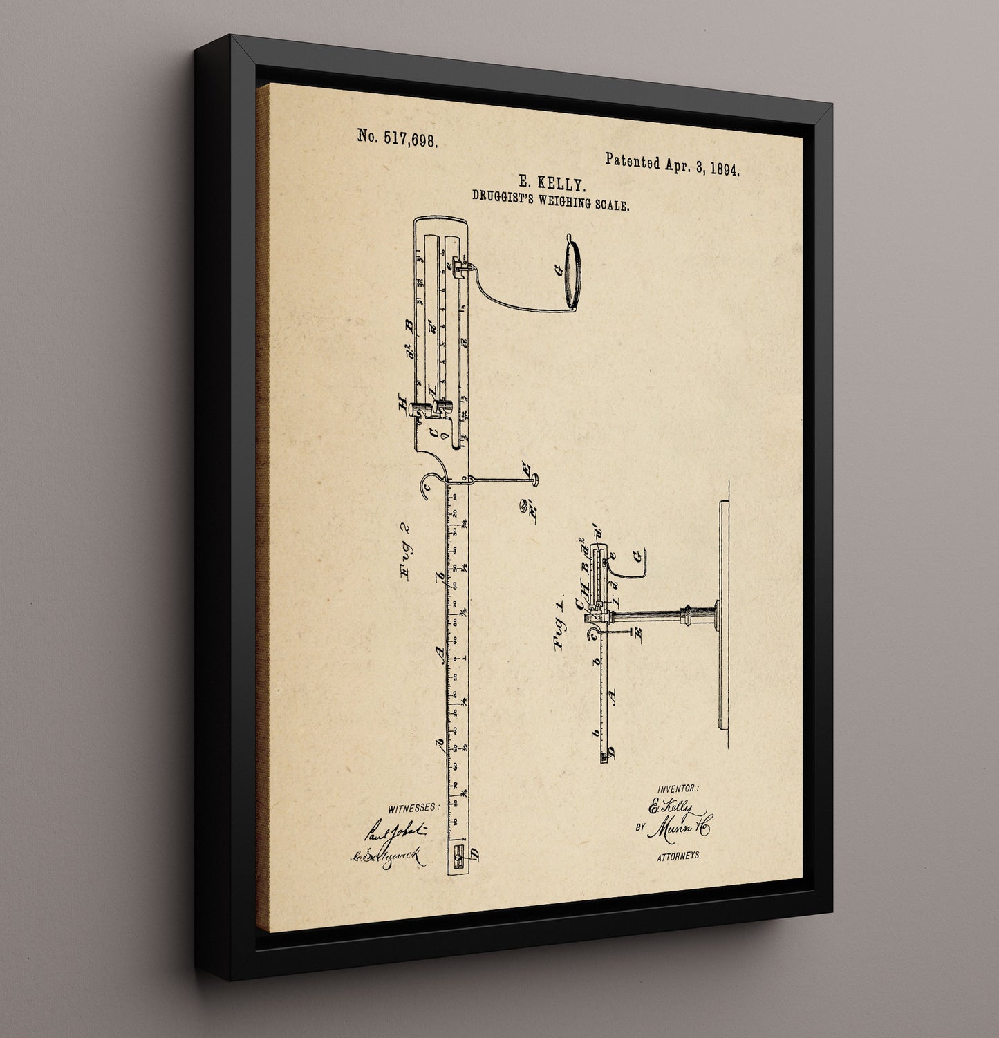 Patent Print - Druggists Weighing Scale - E. Kelly - 1894 - Patent 517698 Patent Wall Art