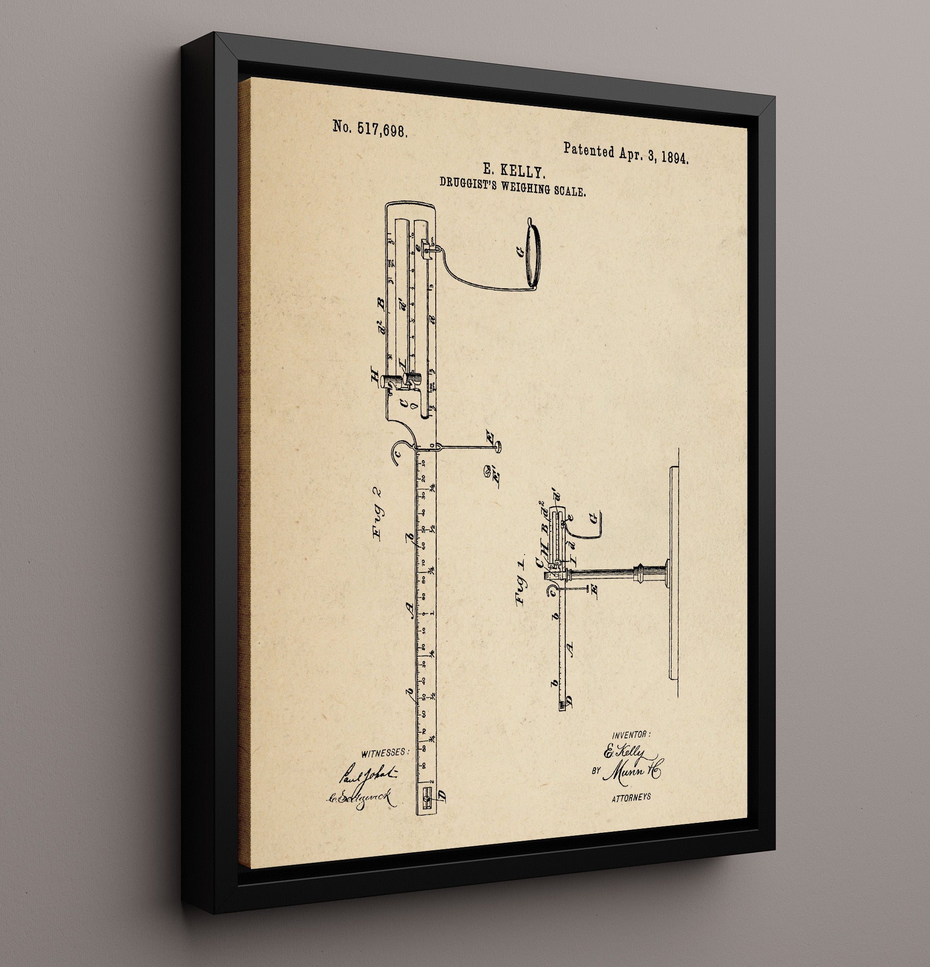 Patent Print - Druggists Weighing Scale - E. Kelly - 1894 - Patent 517698 Patent Wall Art