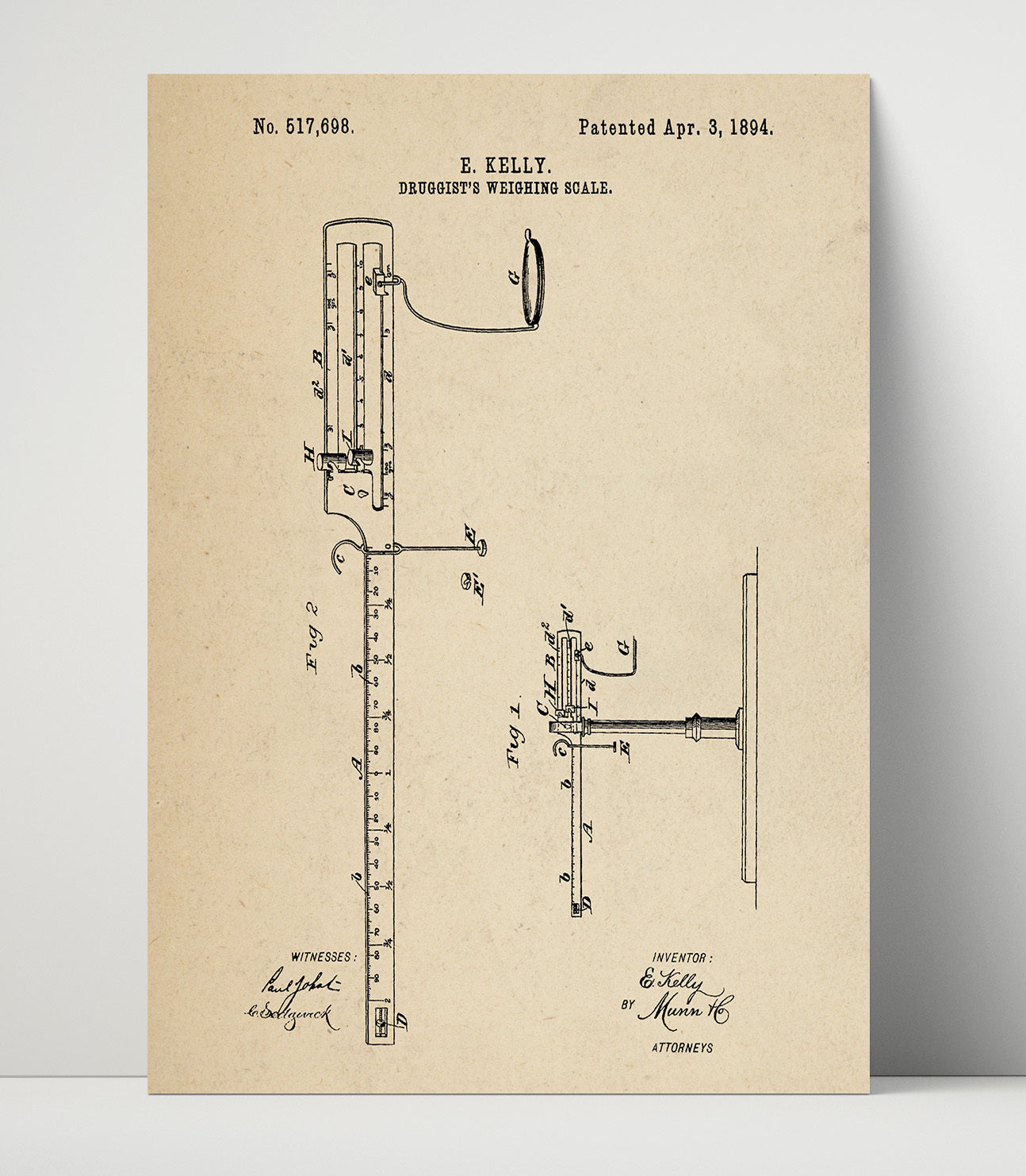 Patent Print - Druggists Weighing Scale - E. Kelly - 1894 - Patent 517698 Patent Wall Art