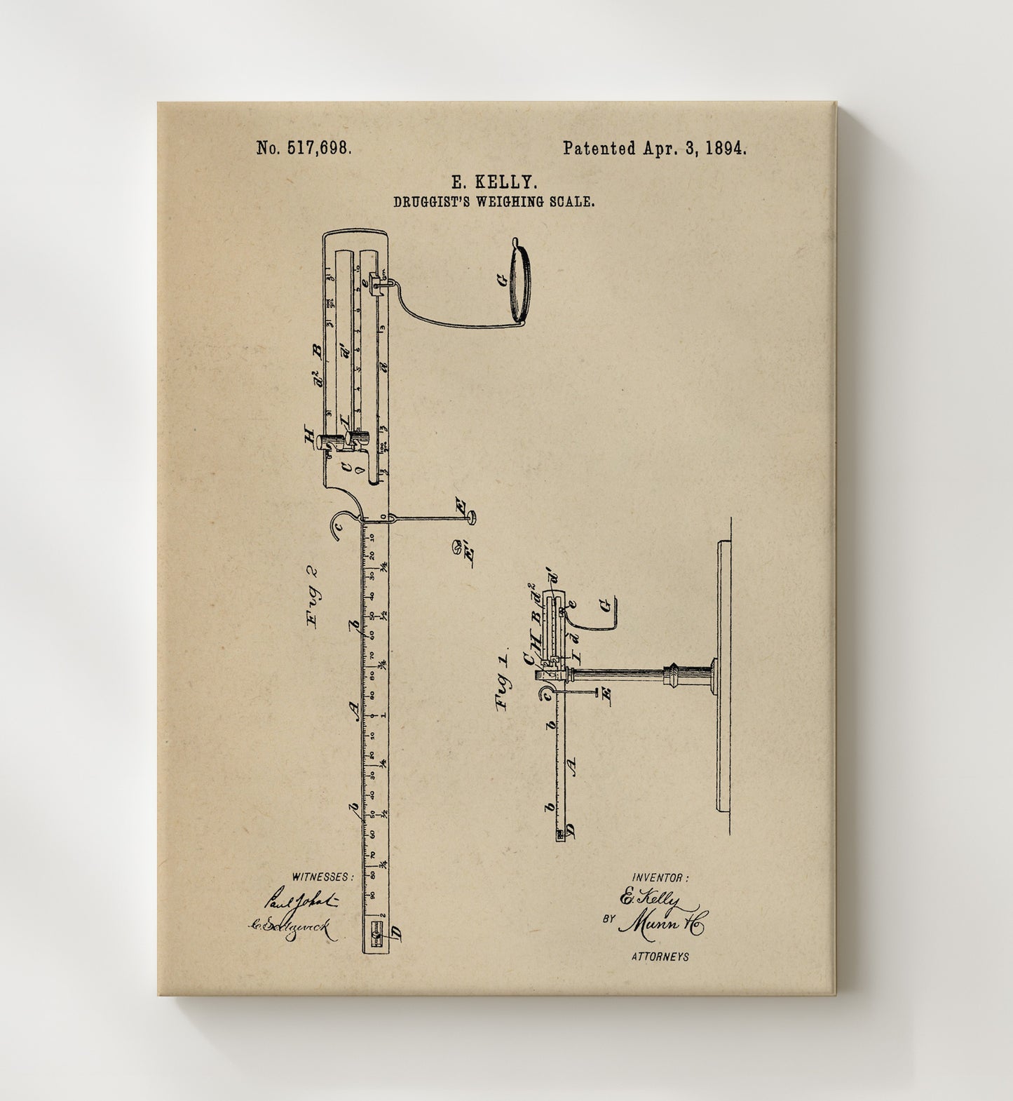 Patent Print - Druggists Weighing Scale - E. Kelly - 1894 - Patent 517698 Patent Wall Art