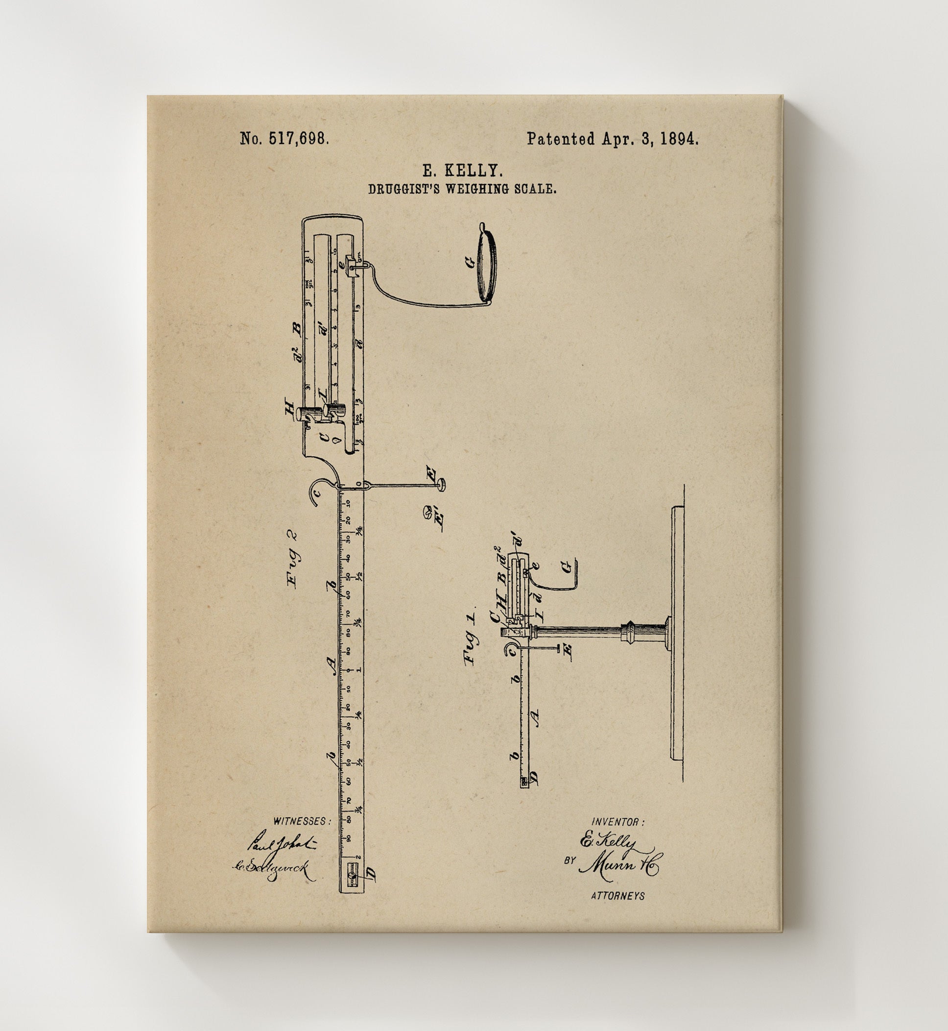 Patent Print - Druggists Weighing Scale - E. Kelly - 1894 - Patent 517698 Patent Wall Art
