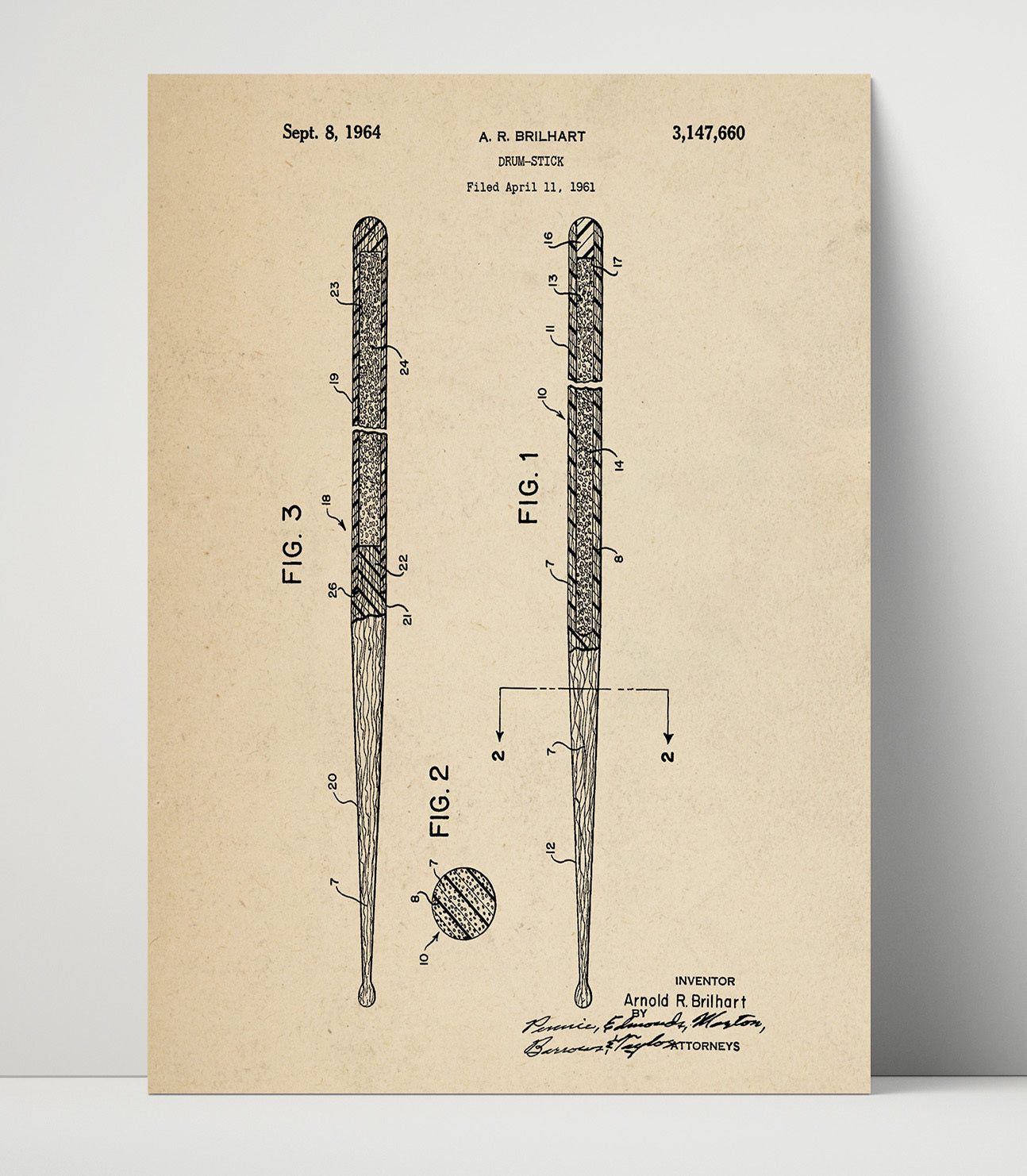 Patent Print - Drum Stick - Arnold R. Brilhart - 1964 - Patent 3147660 Patent Wall Art