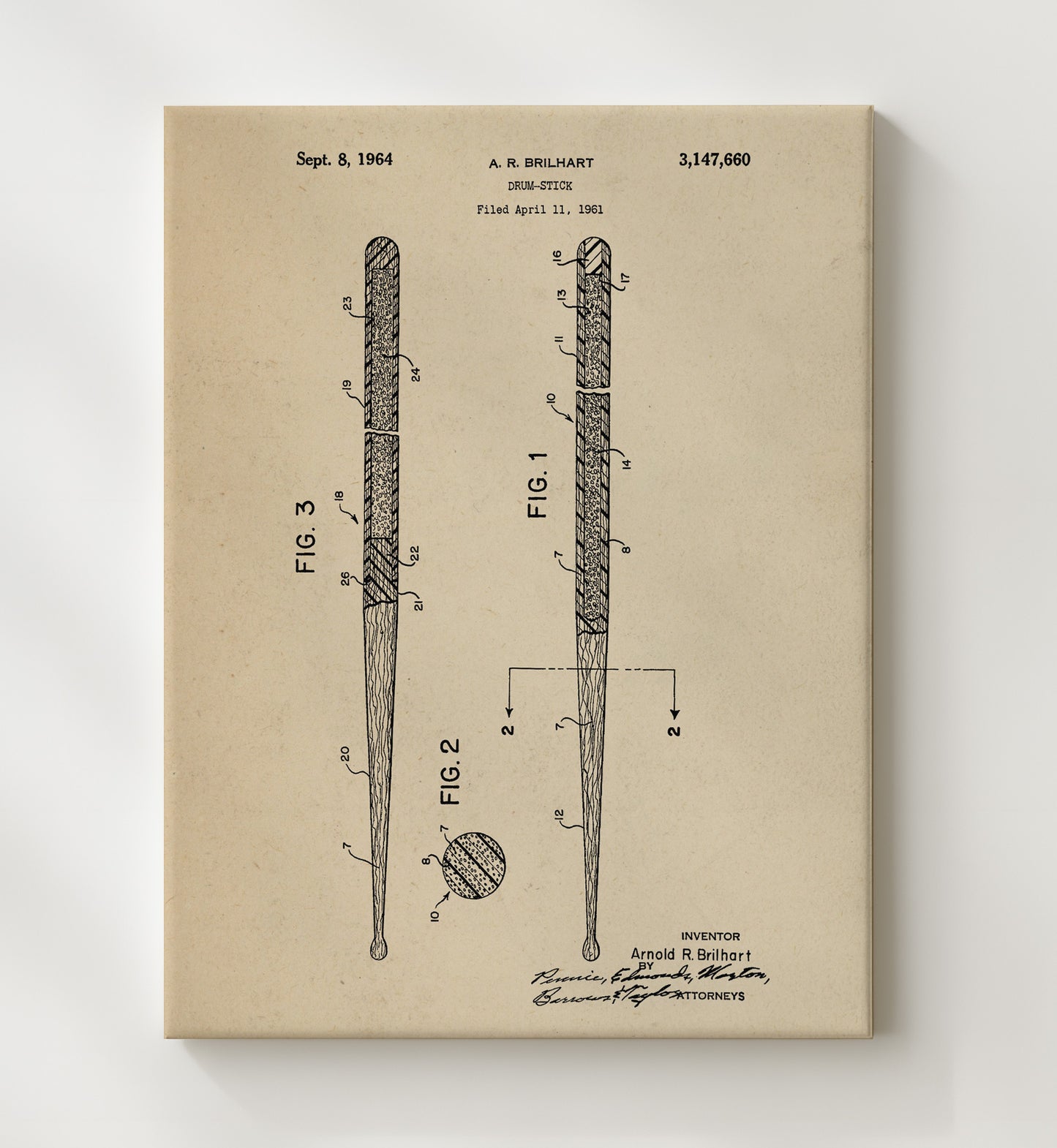 Patent Print - Drum Stick - Arnold R. Brilhart - 1964 - Patent 3147660 Patent Wall Art