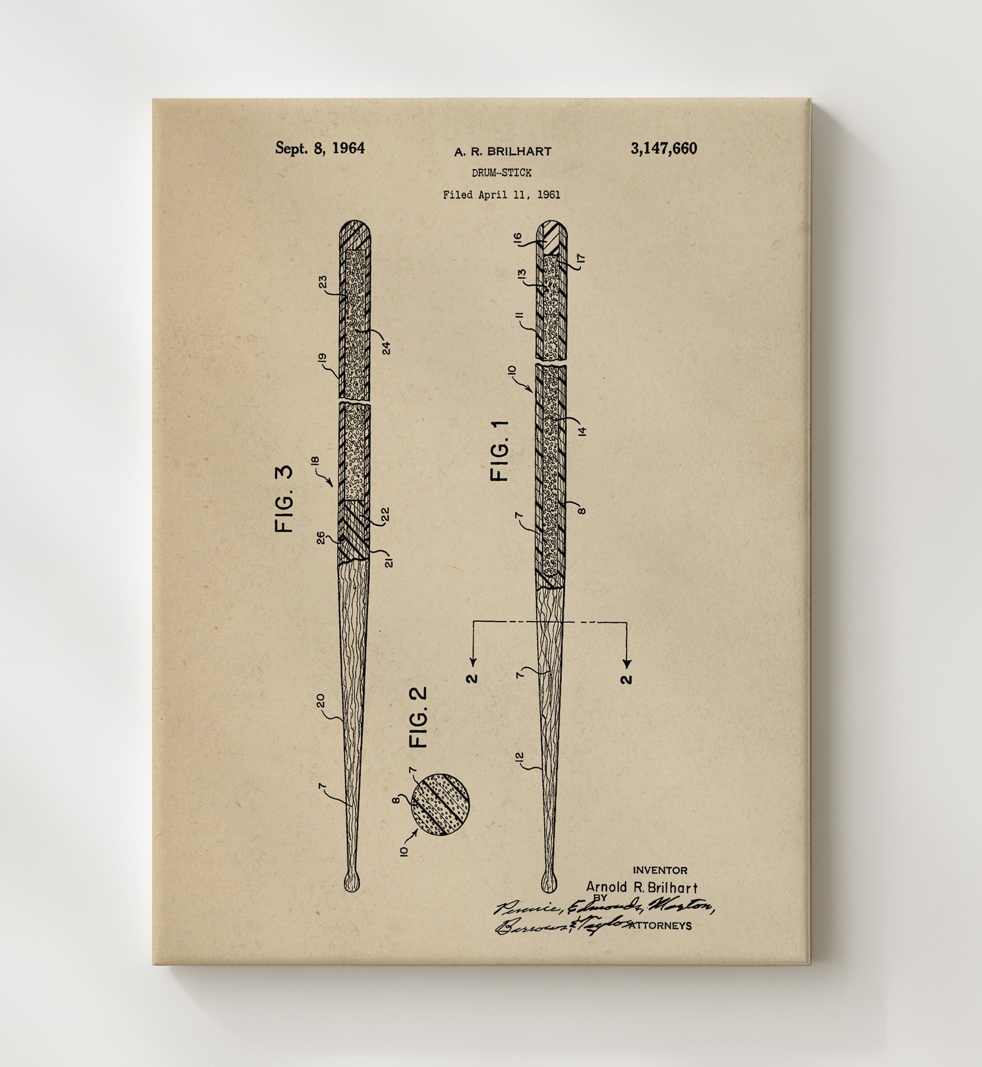 Patent Print - Drum Stick - Arnold R. Brilhart - 1964 - Patent 3147660 Patent Wall Art