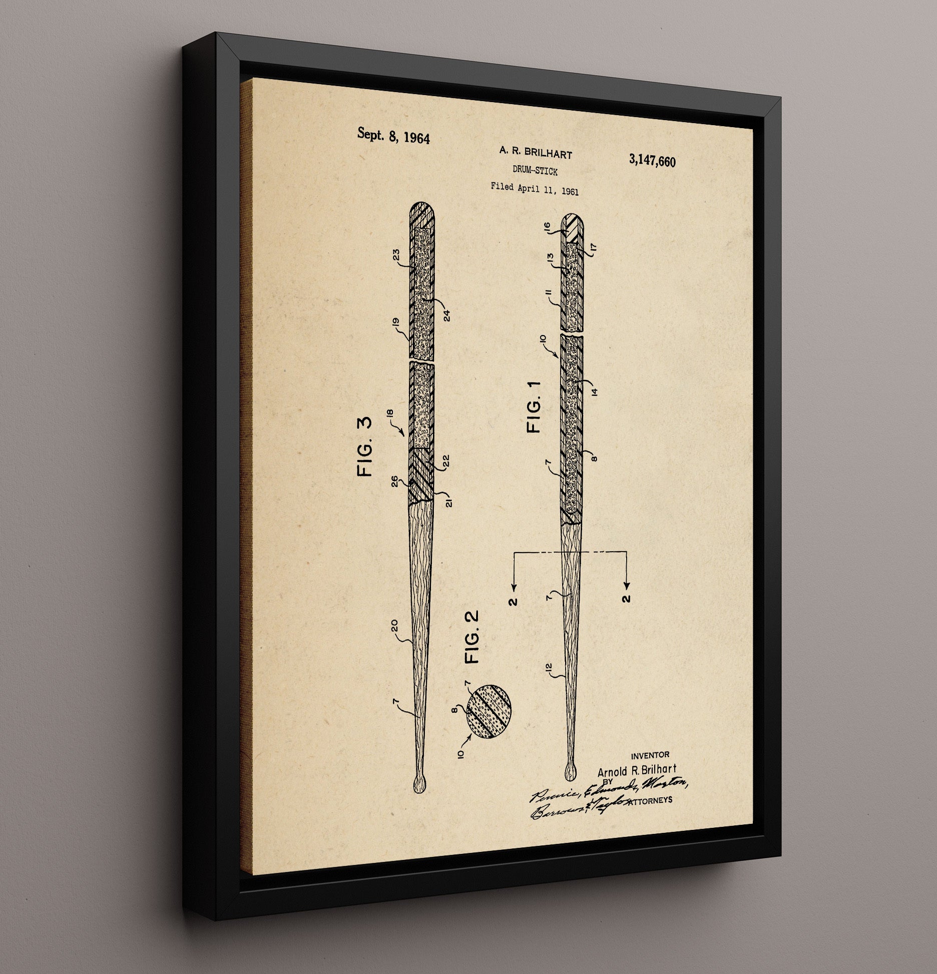 Patent Print - Drum Stick - Arnold R. Brilhart - 1964 - Patent 3147660 Patent Wall Art