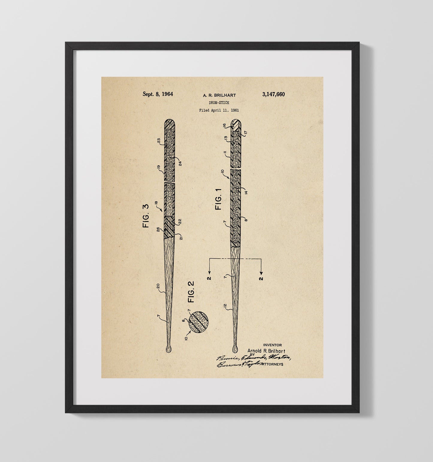 Patent Print - Drum Stick - Arnold R. Brilhart - 1964 - Patent 3147660 Patent Wall Art