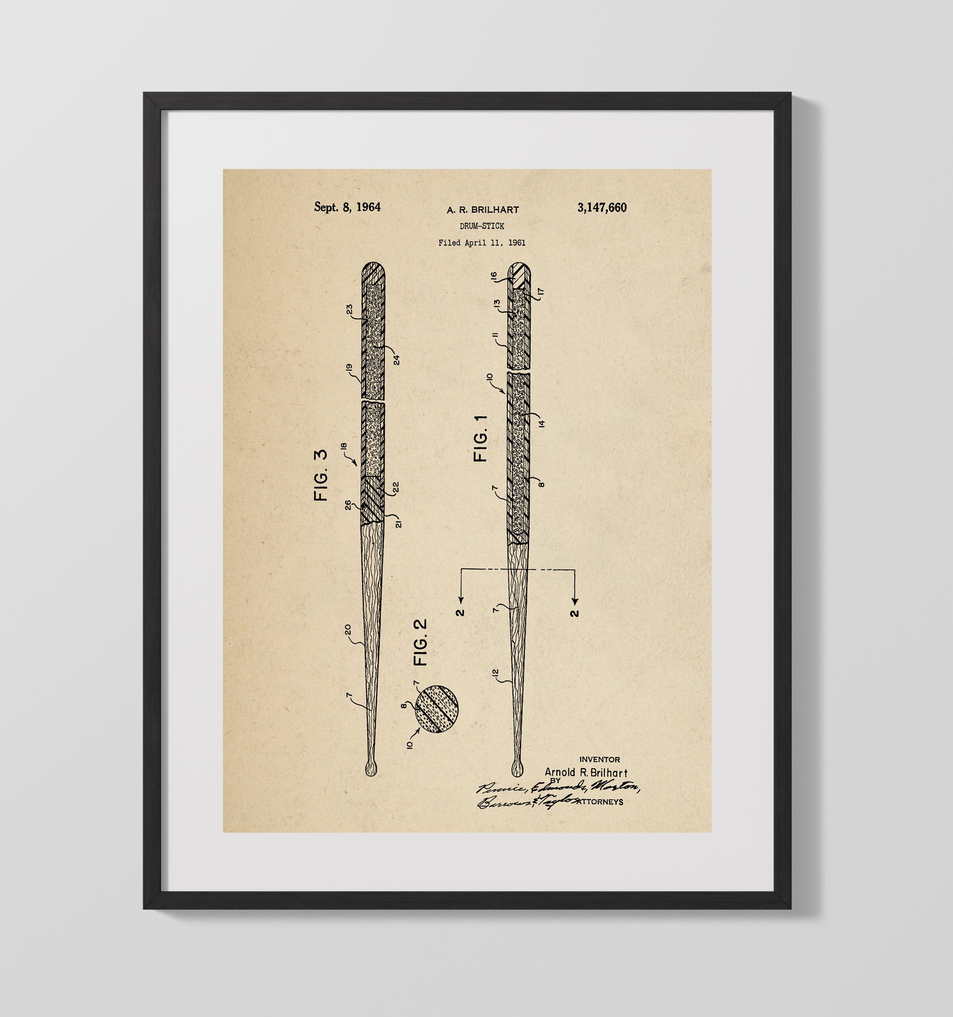 Patent Print - Drum Stick - Arnold R. Brilhart - 1964 - Patent 3147660 Patent Wall Art