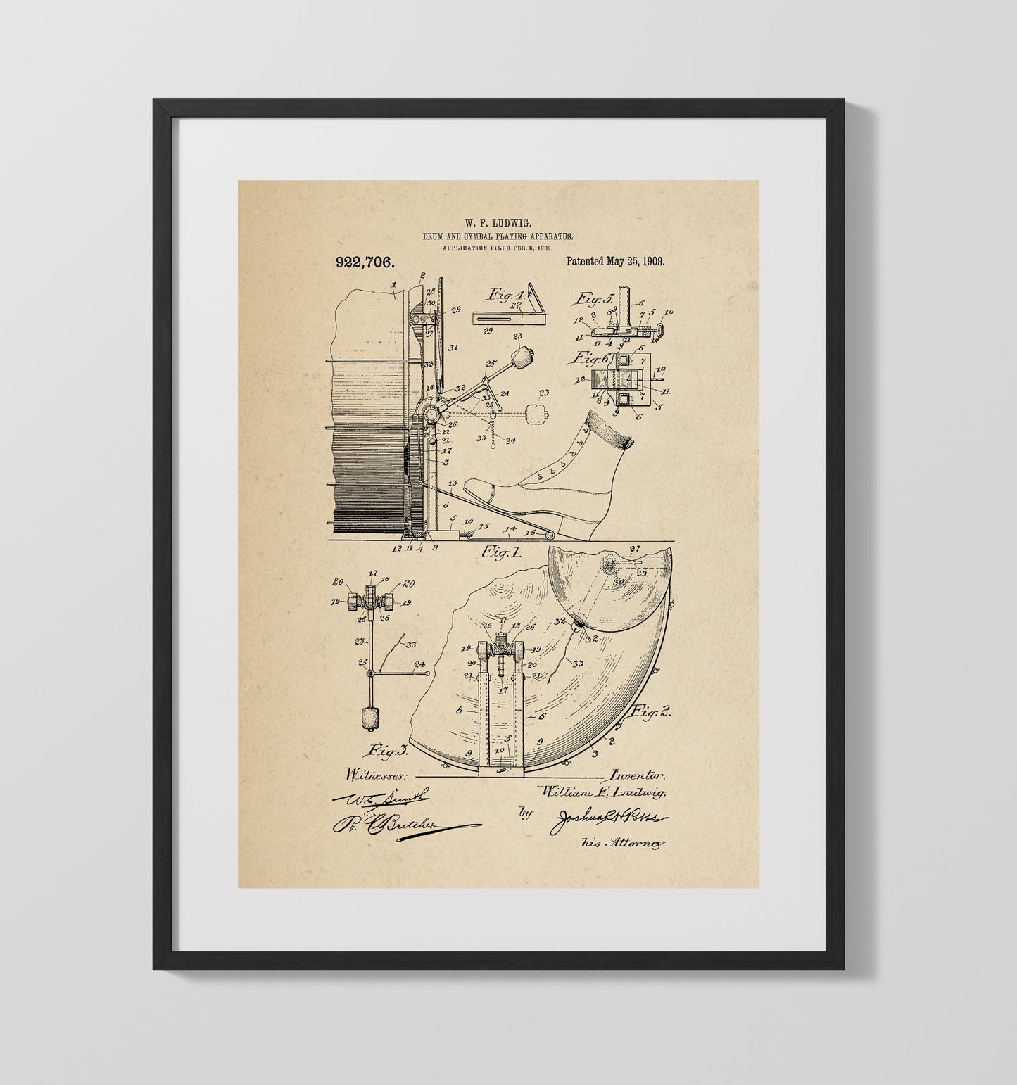 Patent Print - Drum And Cymbal Playing Apparatus - W. F. Ludwig - 1909 - Patent 922706 Patent Wall Art
