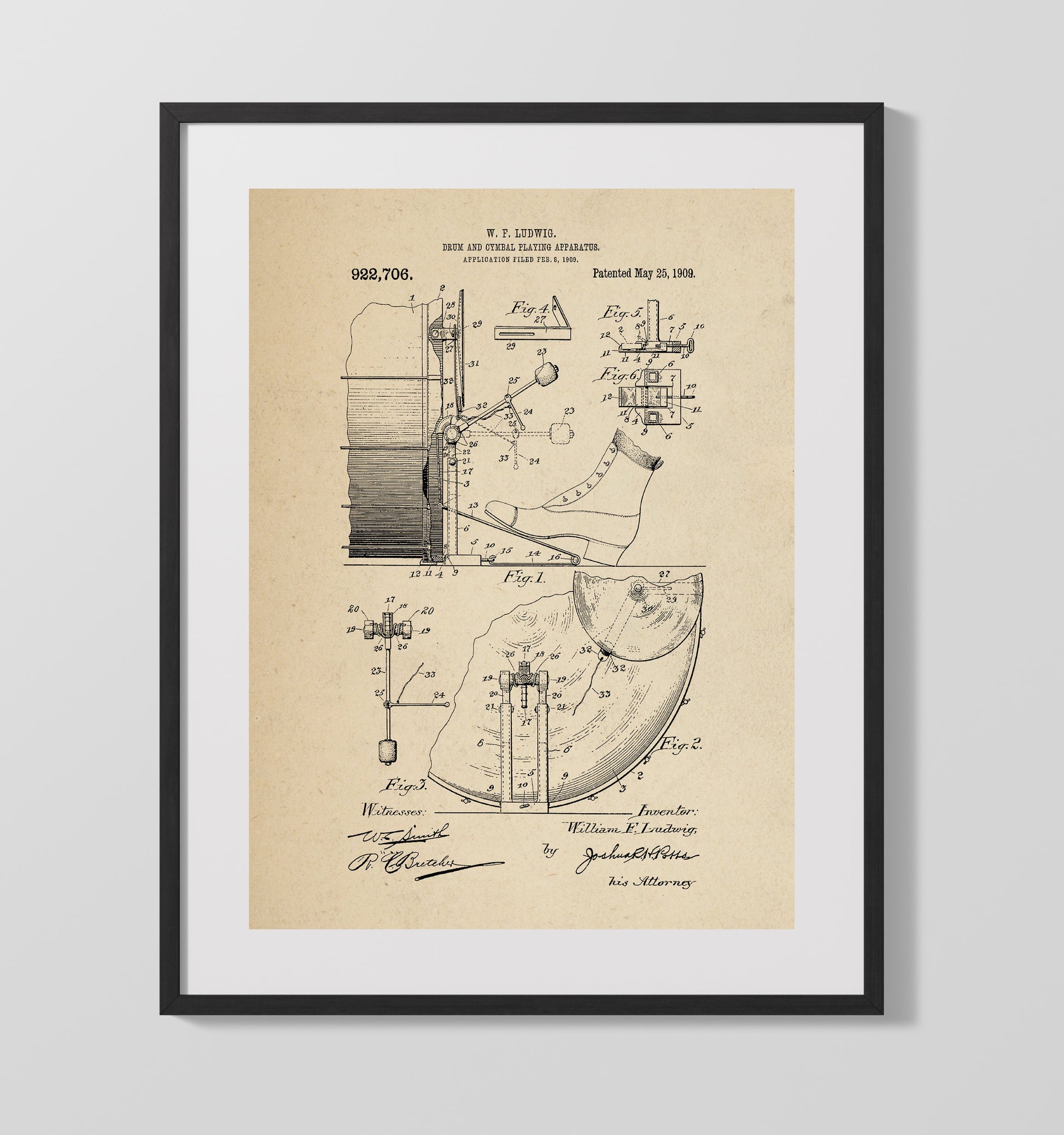 Patent Print - Drum And Cymbal Playing Apparatus - W. F. Ludwig - 1909 - Patent 922706 Patent Wall Art