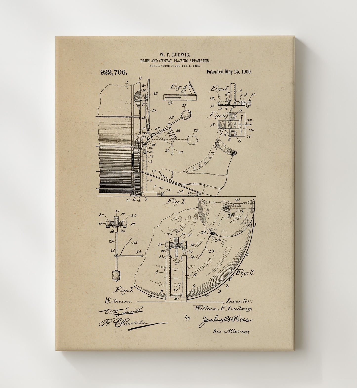 Patent Print - Drum And Cymbal Playing Apparatus - W. F. Ludwig - 1909 - Patent 922706 Patent Wall Art