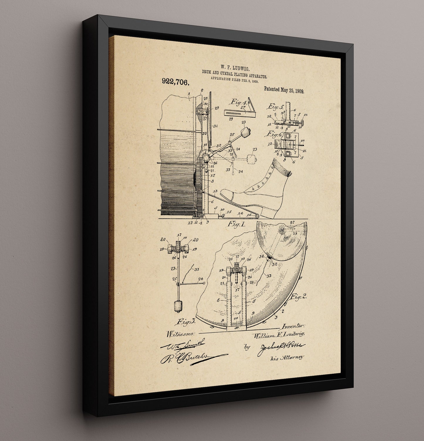 Patent Print - Drum And Cymbal Playing Apparatus - W. F. Ludwig - 1909 - Patent 922706 Patent Wall Art