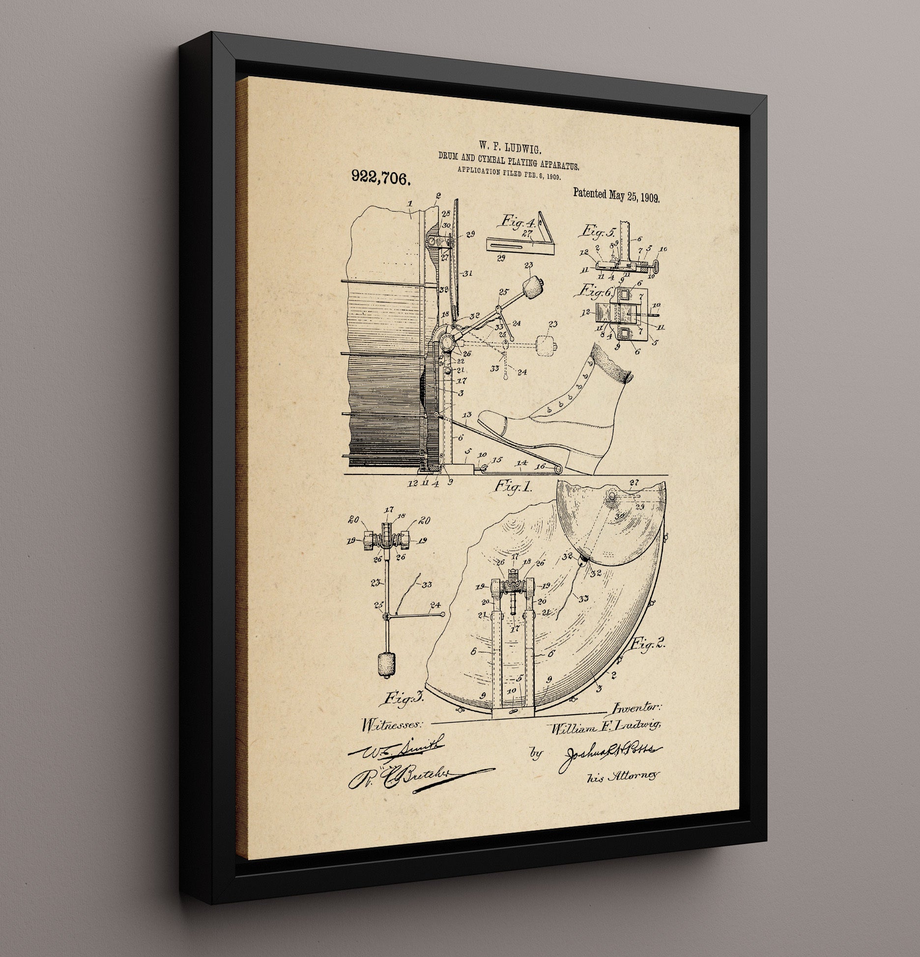 Patent Print - Drum And Cymbal Playing Apparatus - W. F. Ludwig - 1909 - Patent 922706 Patent Wall Art