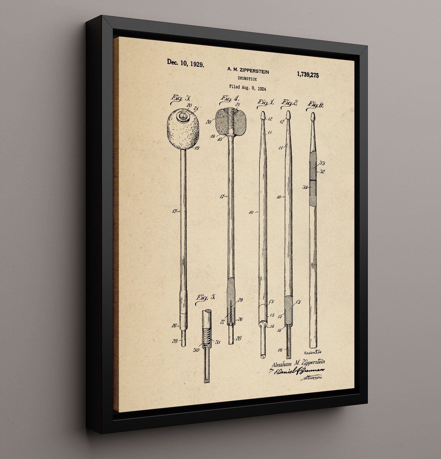 Patent Print - Drumstick - Abraham M. Zipperstein - 1929 - Patent 1739275 Patent Wall Art