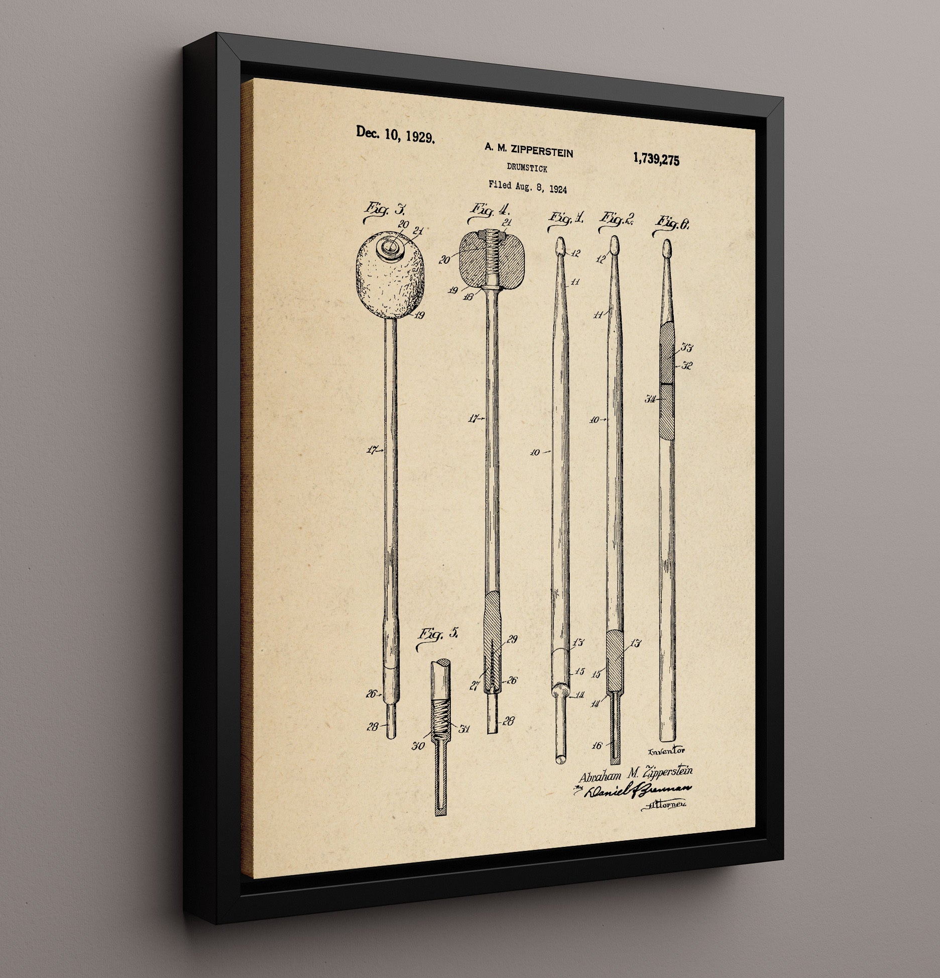 Patent Print - Drumstick - Abraham M. Zipperstein - 1929 - Patent 1739275 Patent Wall Art