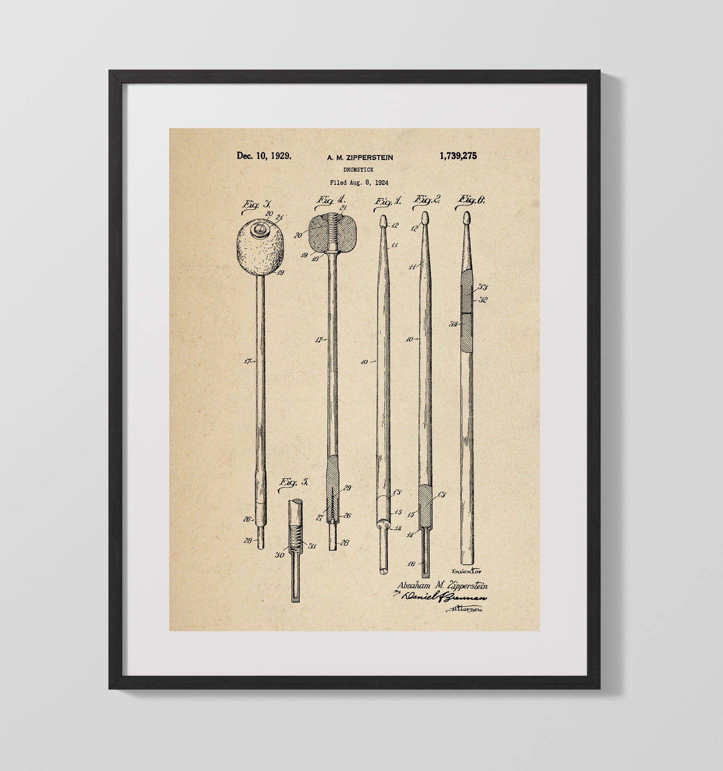 Patent Print - Drumstick - Abraham M. Zipperstein - 1929 - Patent 1739275 Patent Wall Art