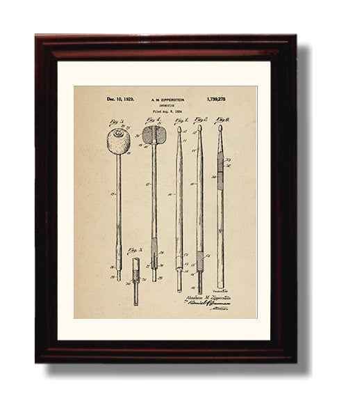 Patent Print - Drumstick - Abraham M. Zipperstein - 1929 - Patent 1739275 Patent Wall Art
