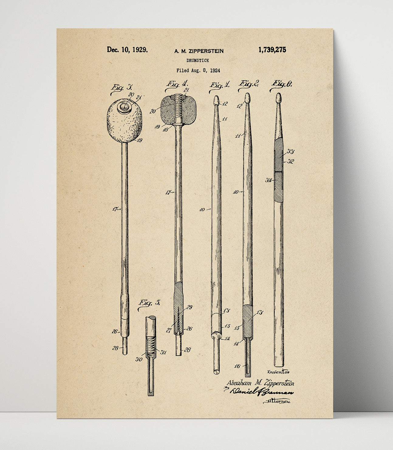 Patent Print - Drumstick - Abraham M. Zipperstein - 1929 - Patent 1739275 Patent Wall Art