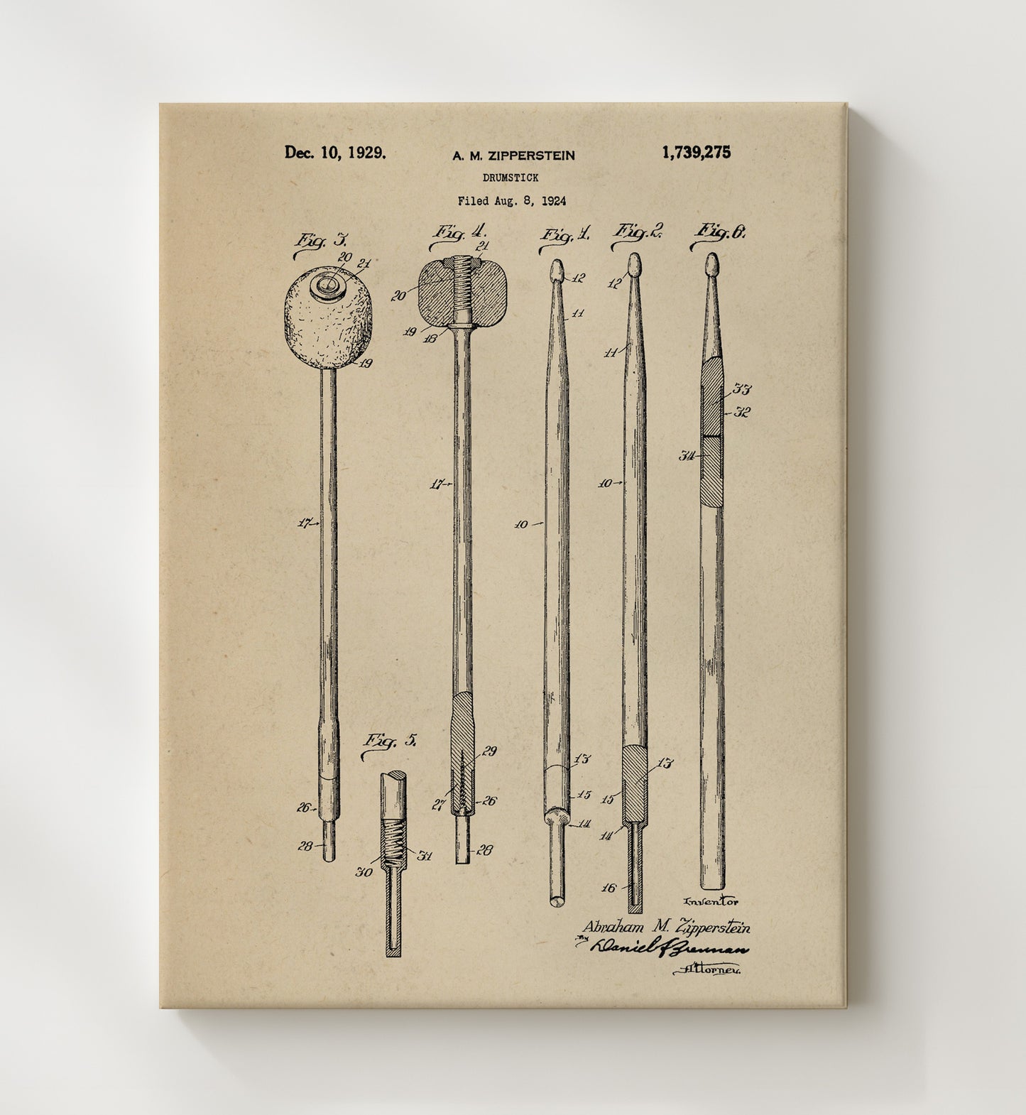 Patent Print - Drumstick - Abraham M. Zipperstein - 1929 - Patent 1739275 Patent Wall Art