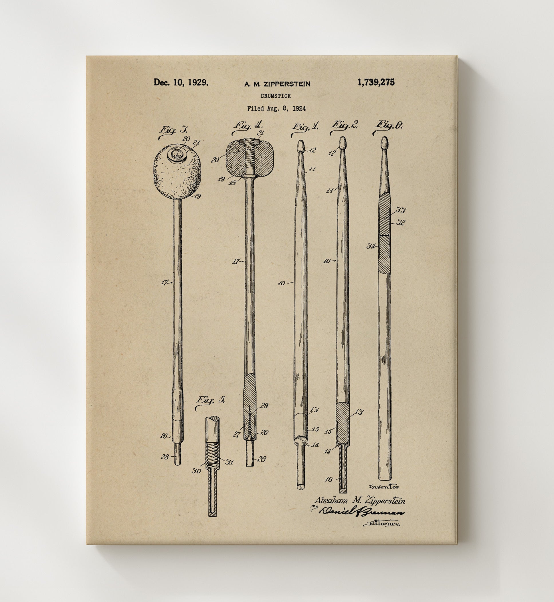 Patent Print - Drumstick - Abraham M. Zipperstein - 1929 - Patent 1739275 Patent Wall Art