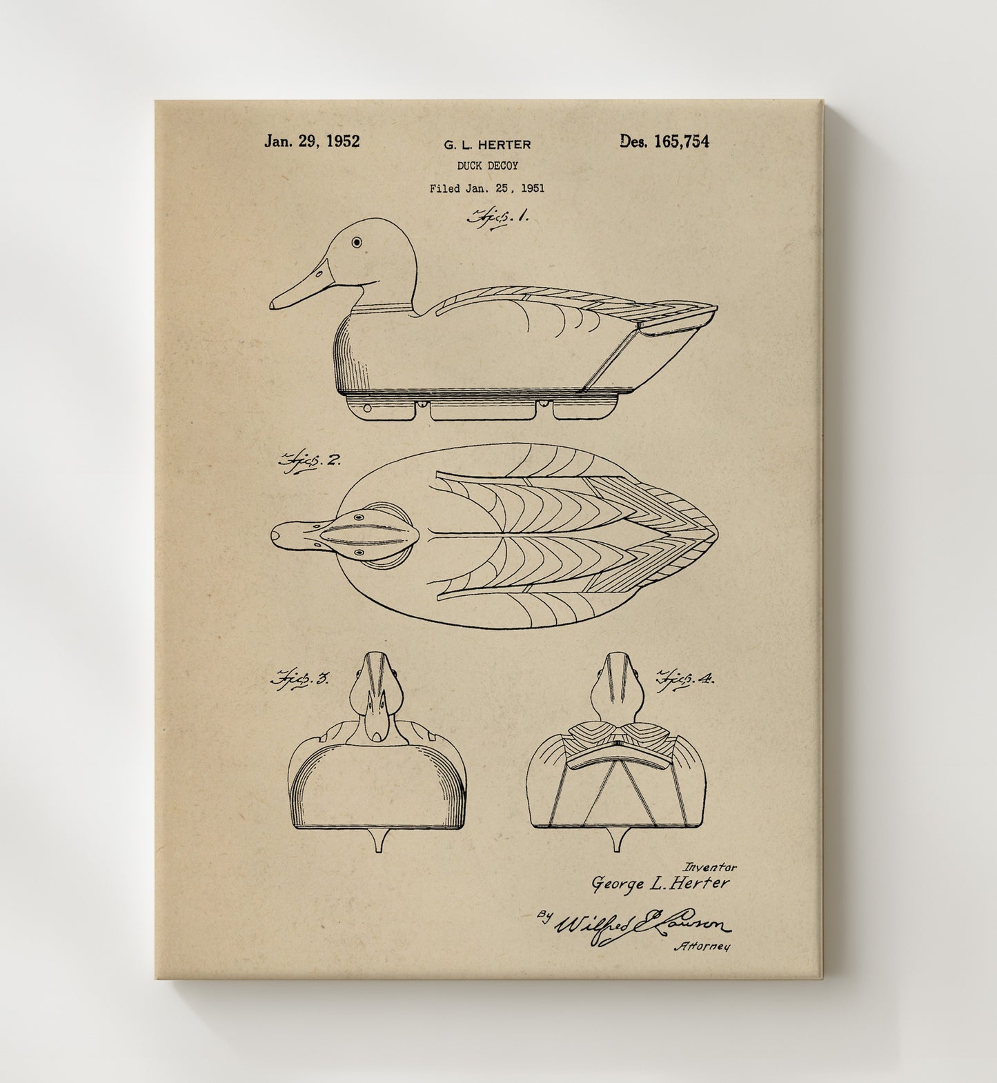Patent Print - Duck Decoy - George L. Herter - 1952 - Patent D165754 Patent Wall Art