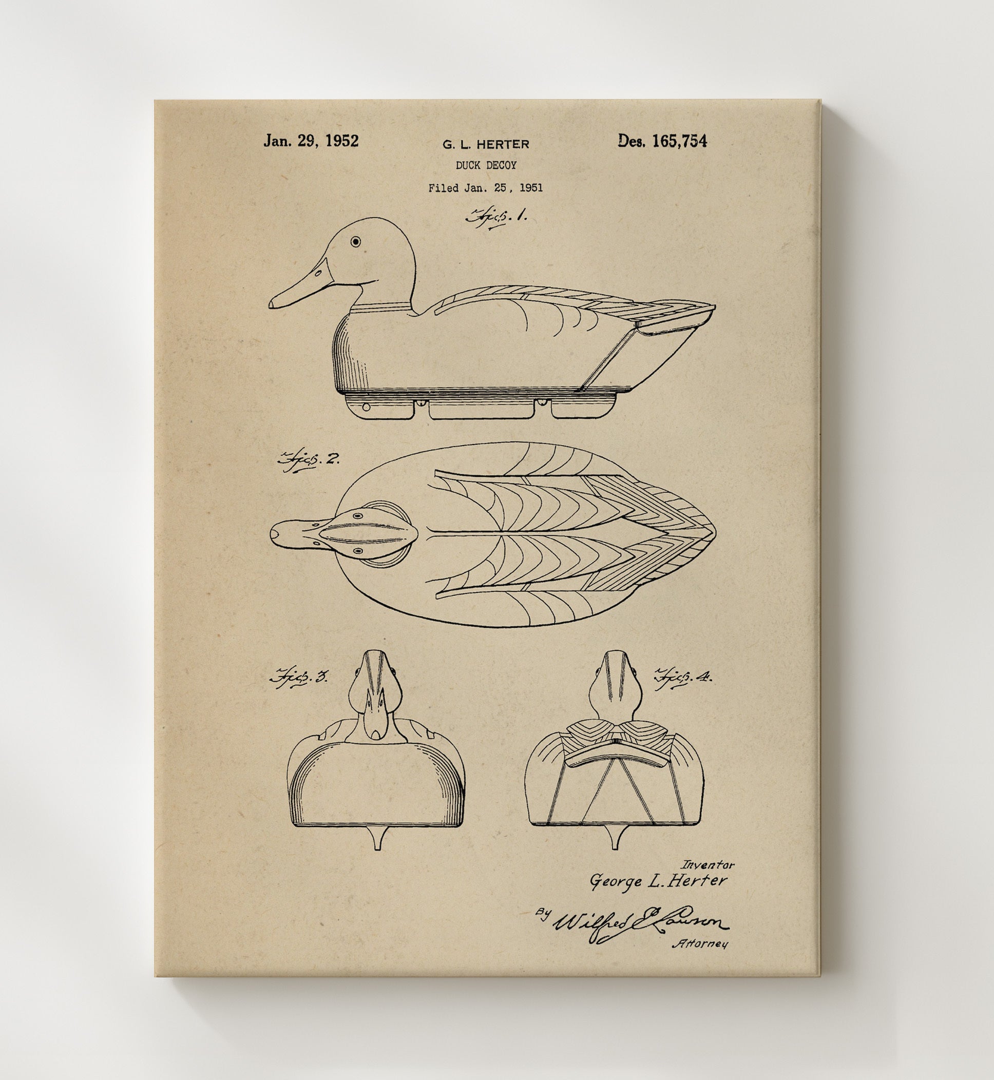 Patent Print - Duck Decoy - George L. Herter - 1952 - Patent D165754 Patent Wall Art
